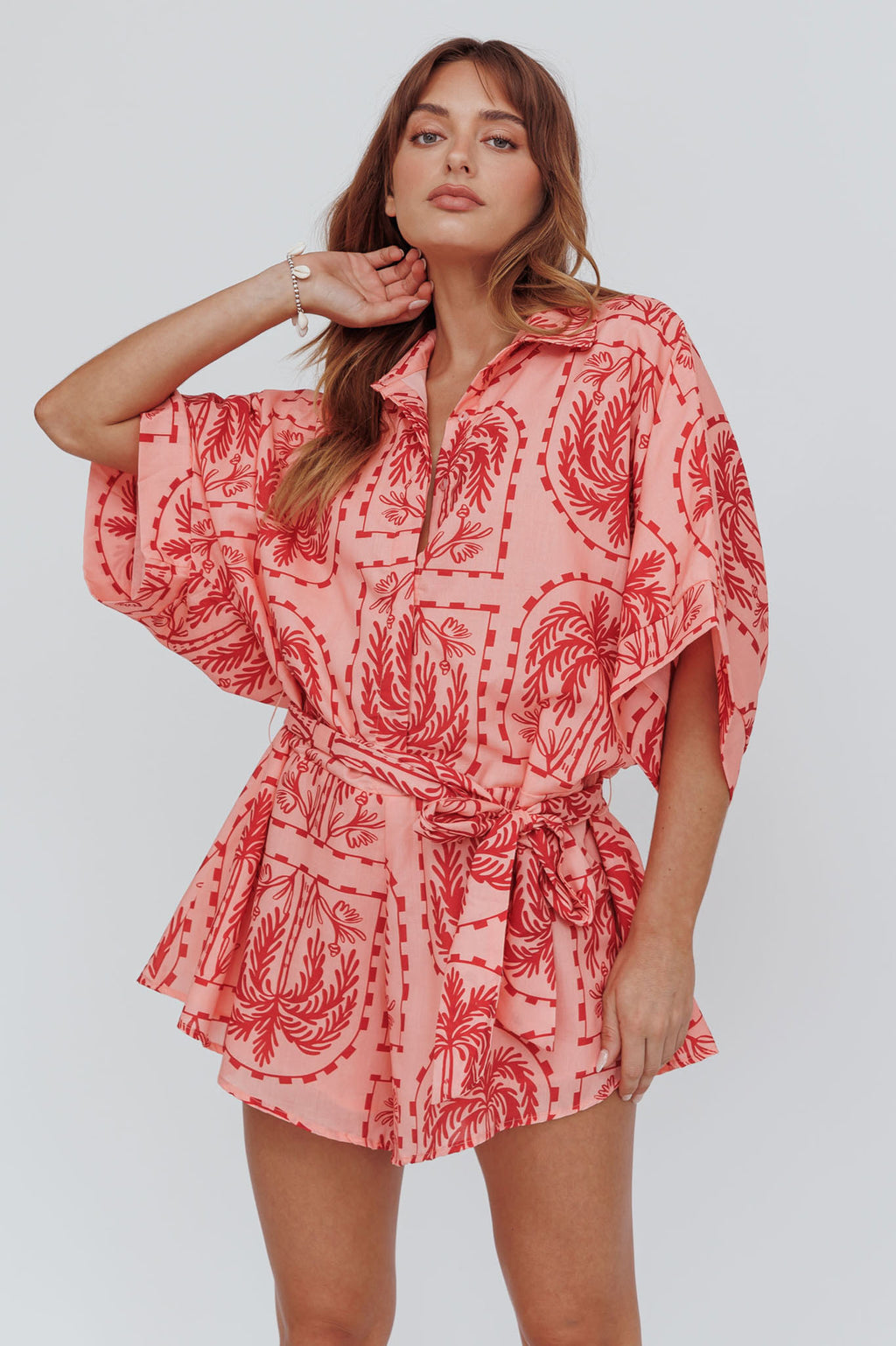 Daytona Beach Button-Up Romper Print Peach by Selfie Leslie