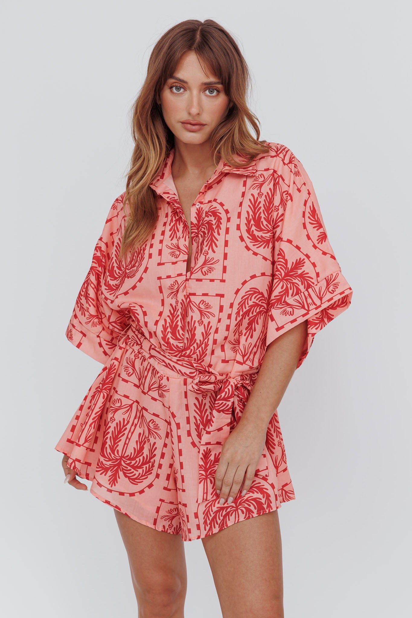 Daytona Beach Button-Up Romper Print Peach by Selfie Leslie