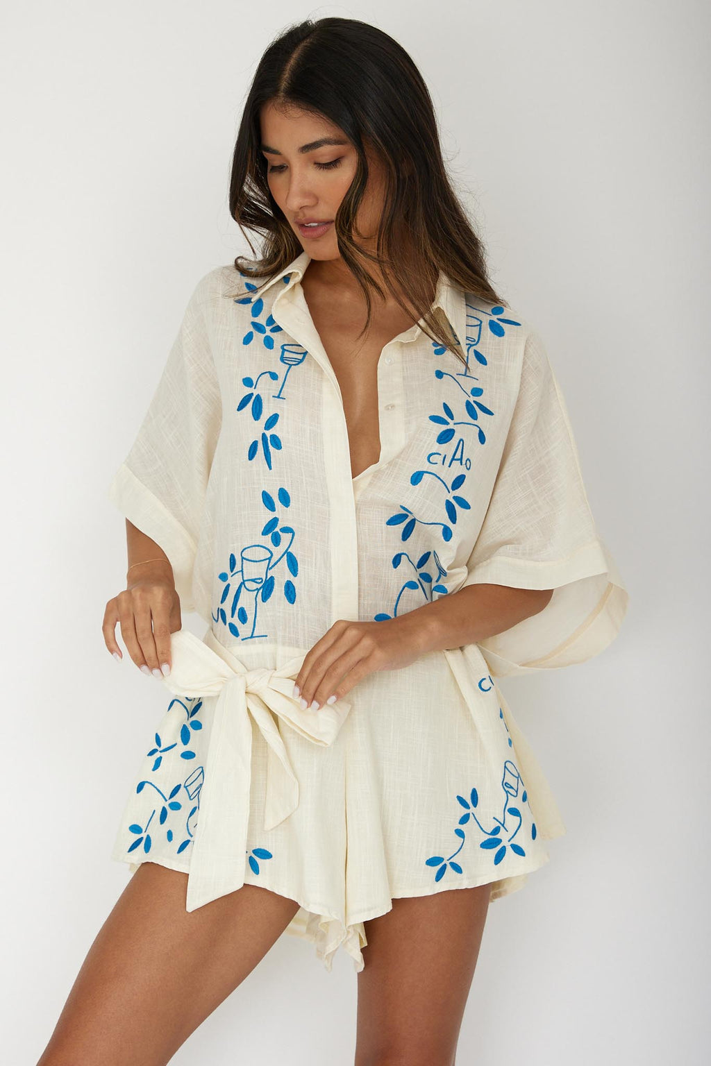 Daytona Beach Button-Up Romper Embroidered Beige by Selfie Leslie