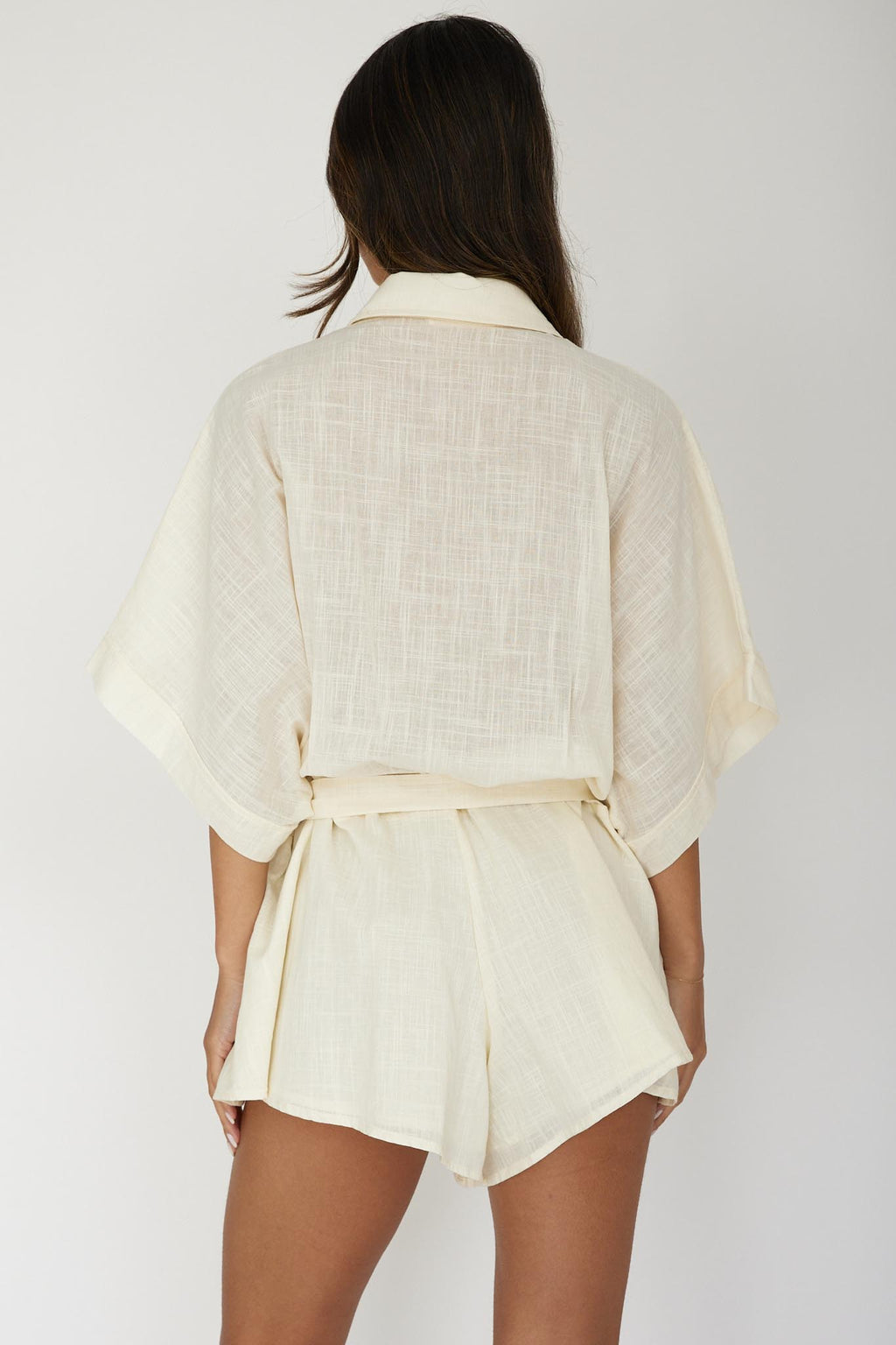 Daytona Beach Button-Up Romper Embroidered Beige by Selfie Leslie