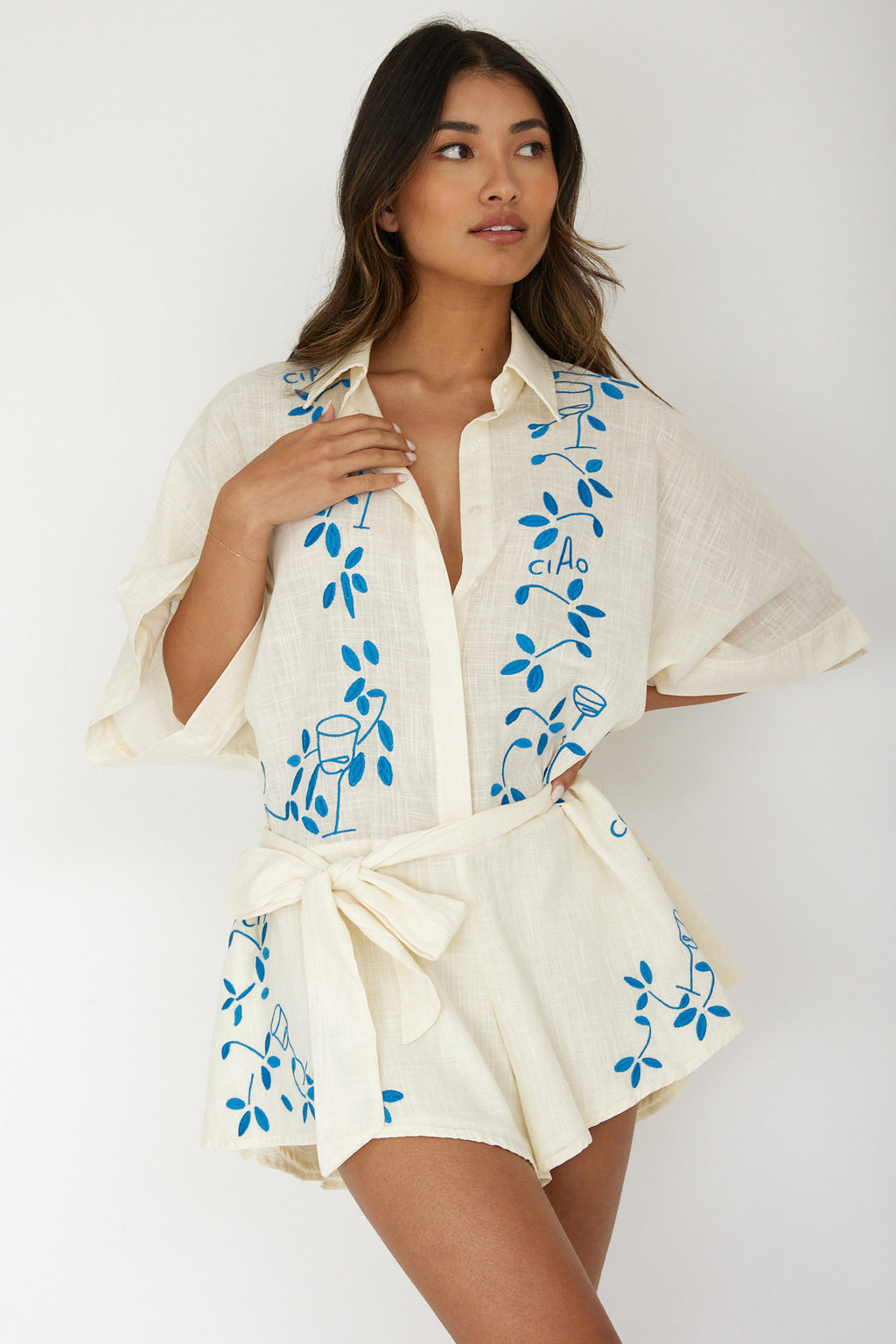 Daytona Beach Button-Up Romper Embroidered Beige by Selfie Leslie