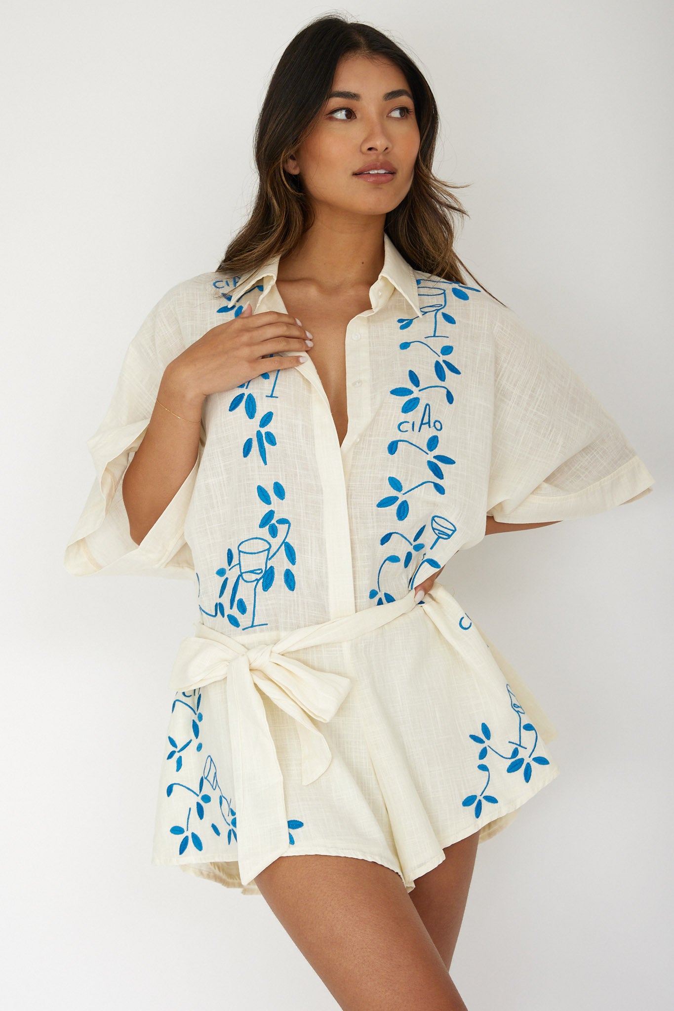 Daytona Beach Button-Up Romper Embroidered Beige by Selfie Leslie