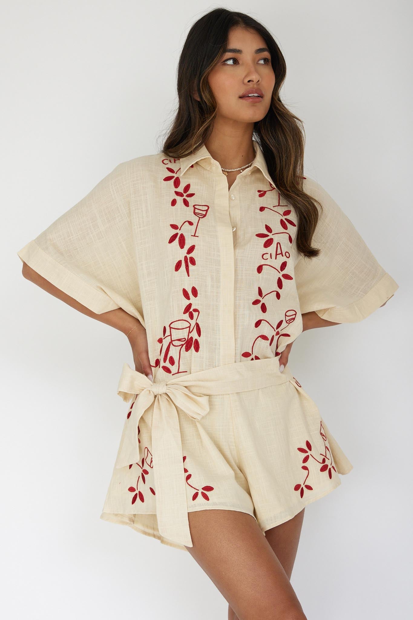Daytona Beach Button-Up Romper Embroidered Oat by Selfie Leslie