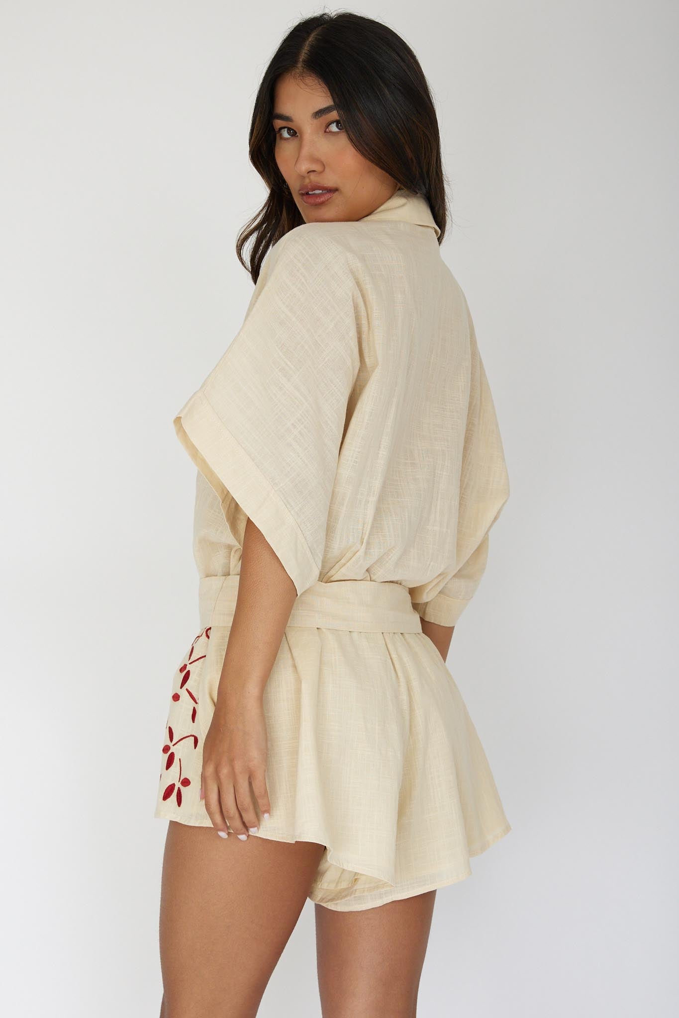 Daytona Beach Button-Up Romper Embroidered Oat by Selfie Leslie