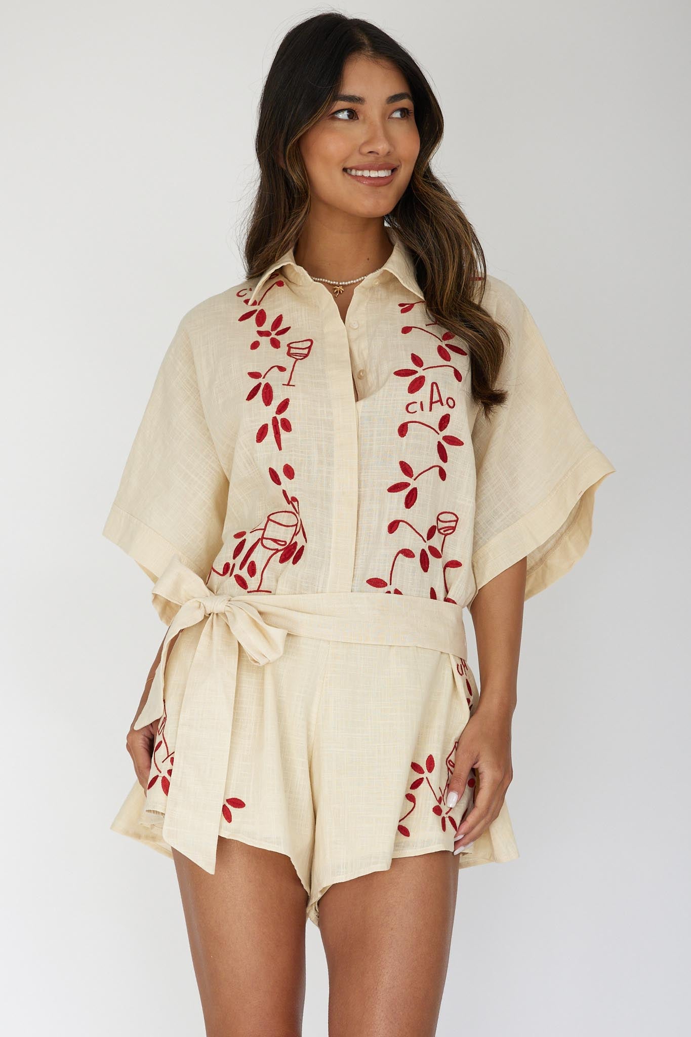 Daytona Beach Button-Up Romper Embroidered Oat by Selfie Leslie