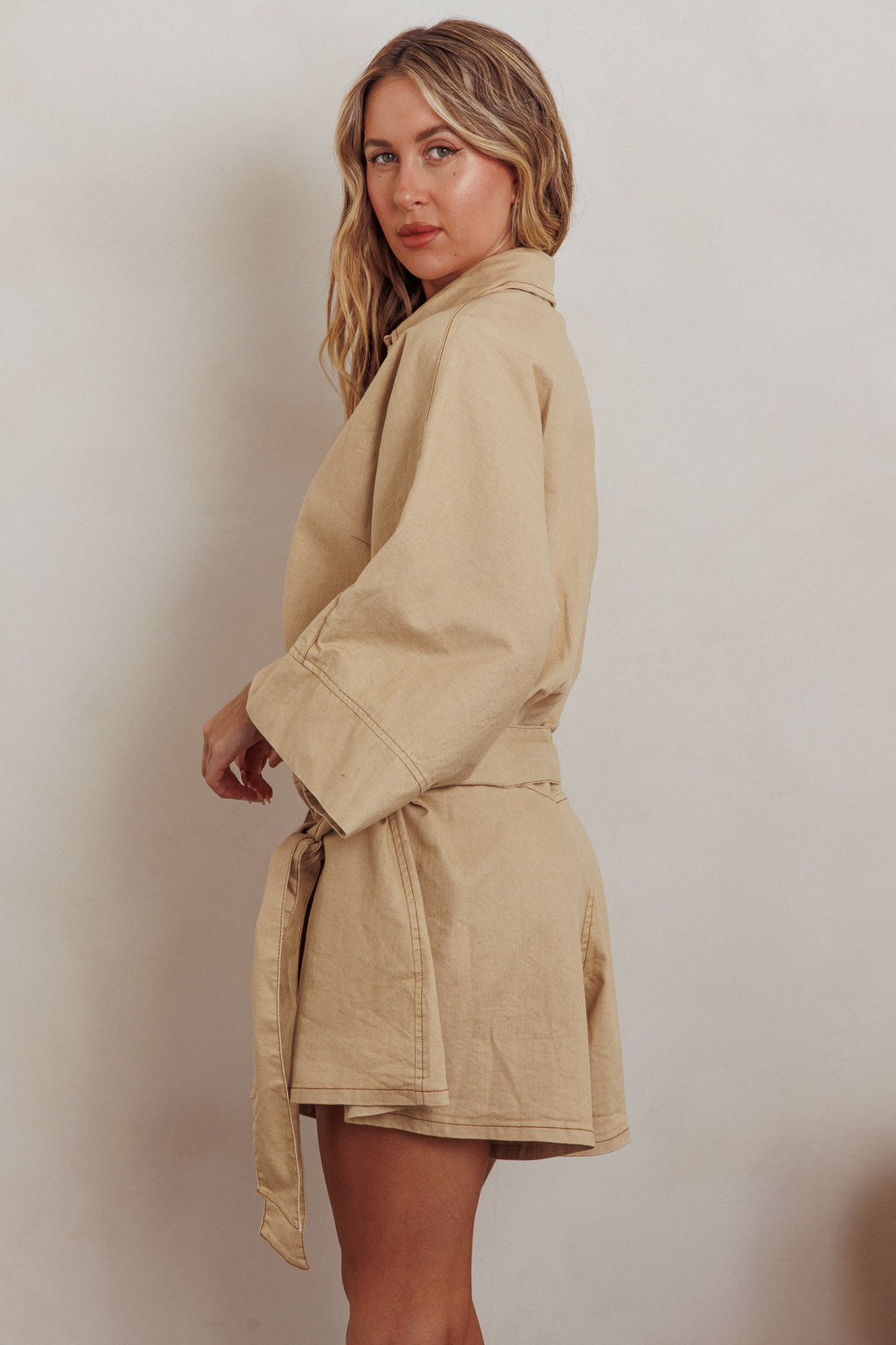 Daytona Beach Button-Up Romper Beige by Selfie Leslie