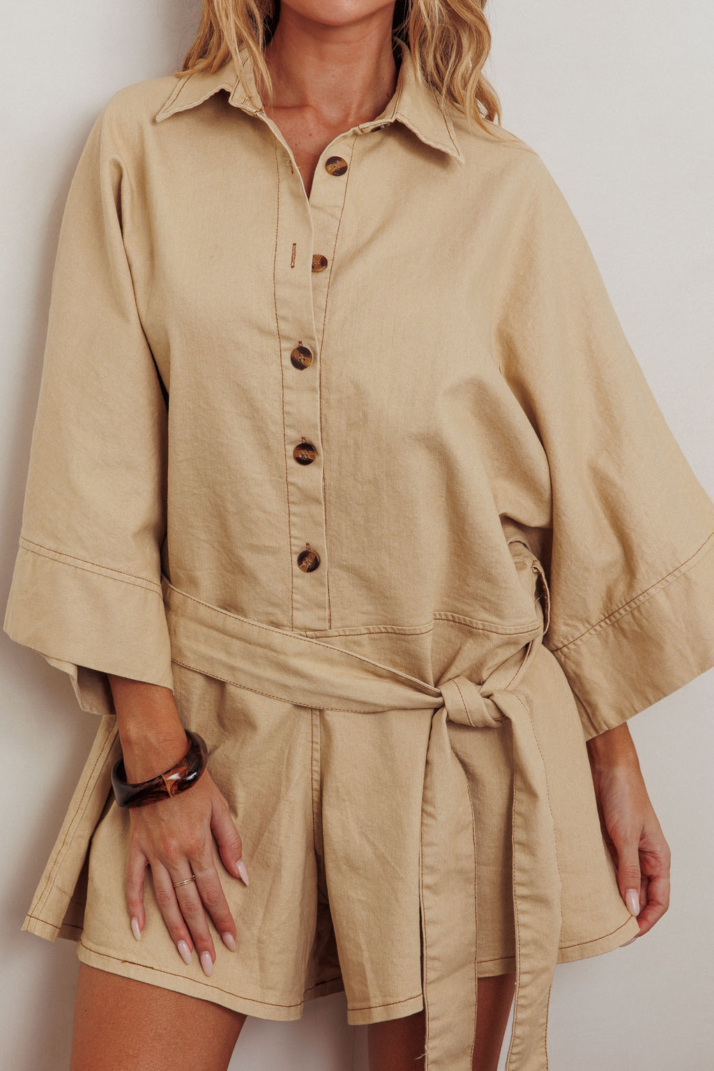 Daytona Beach Button-Up Romper Beige by Selfie Leslie