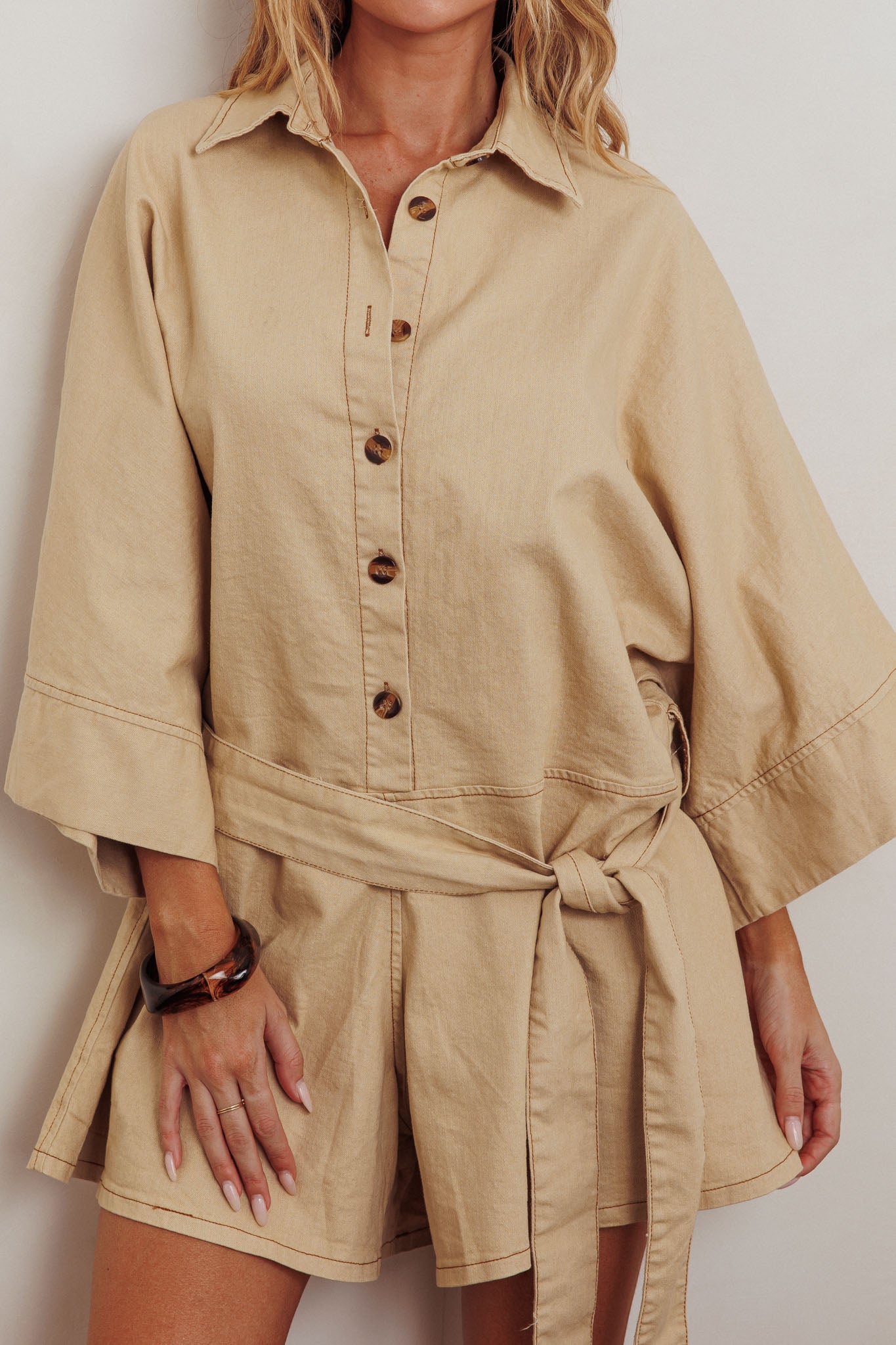 Daytona Beach Button-Up Romper Beige by Selfie Leslie