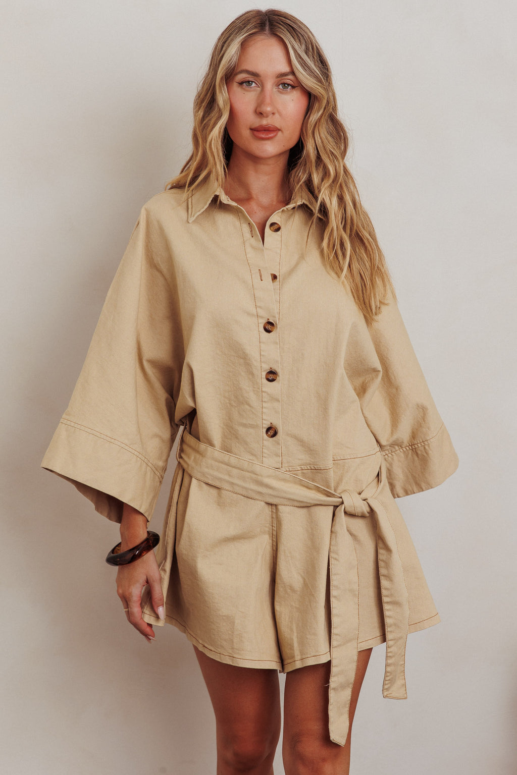 Daytona Beach Button-Up Romper Beige by Selfie Leslie