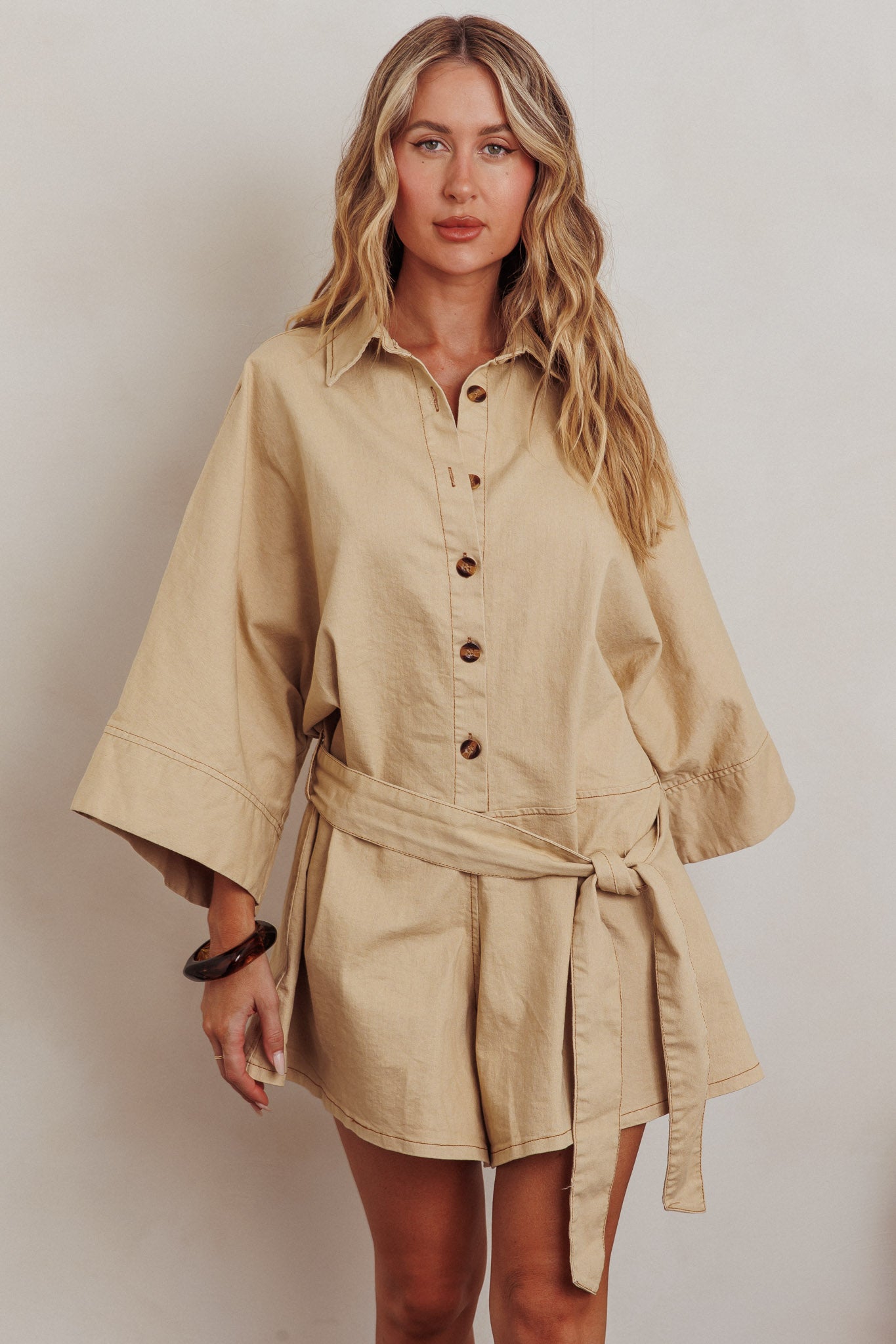 Daytona Beach Button-Up Romper Beige by Selfie Leslie