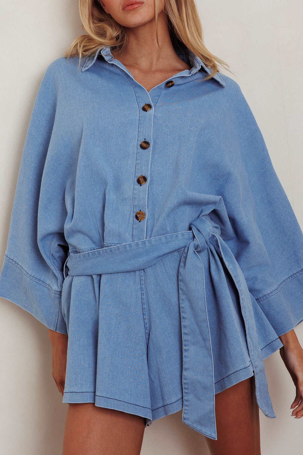 Daytona Beach Button-Up Romper Denim Blue by Selfie Leslie