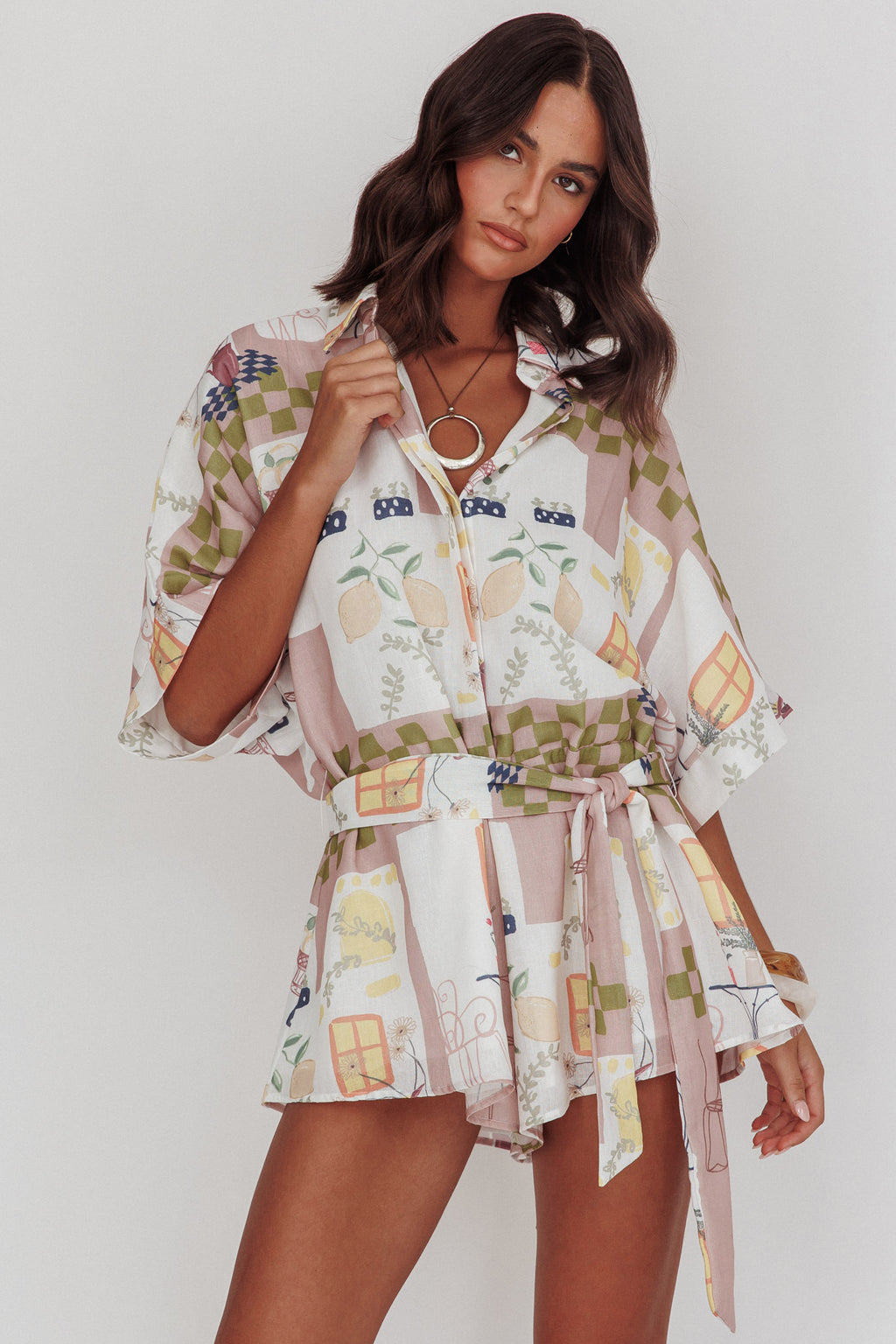 Daytona Beach Button-Up Romper Euro Print Olive by Selfie Leslie