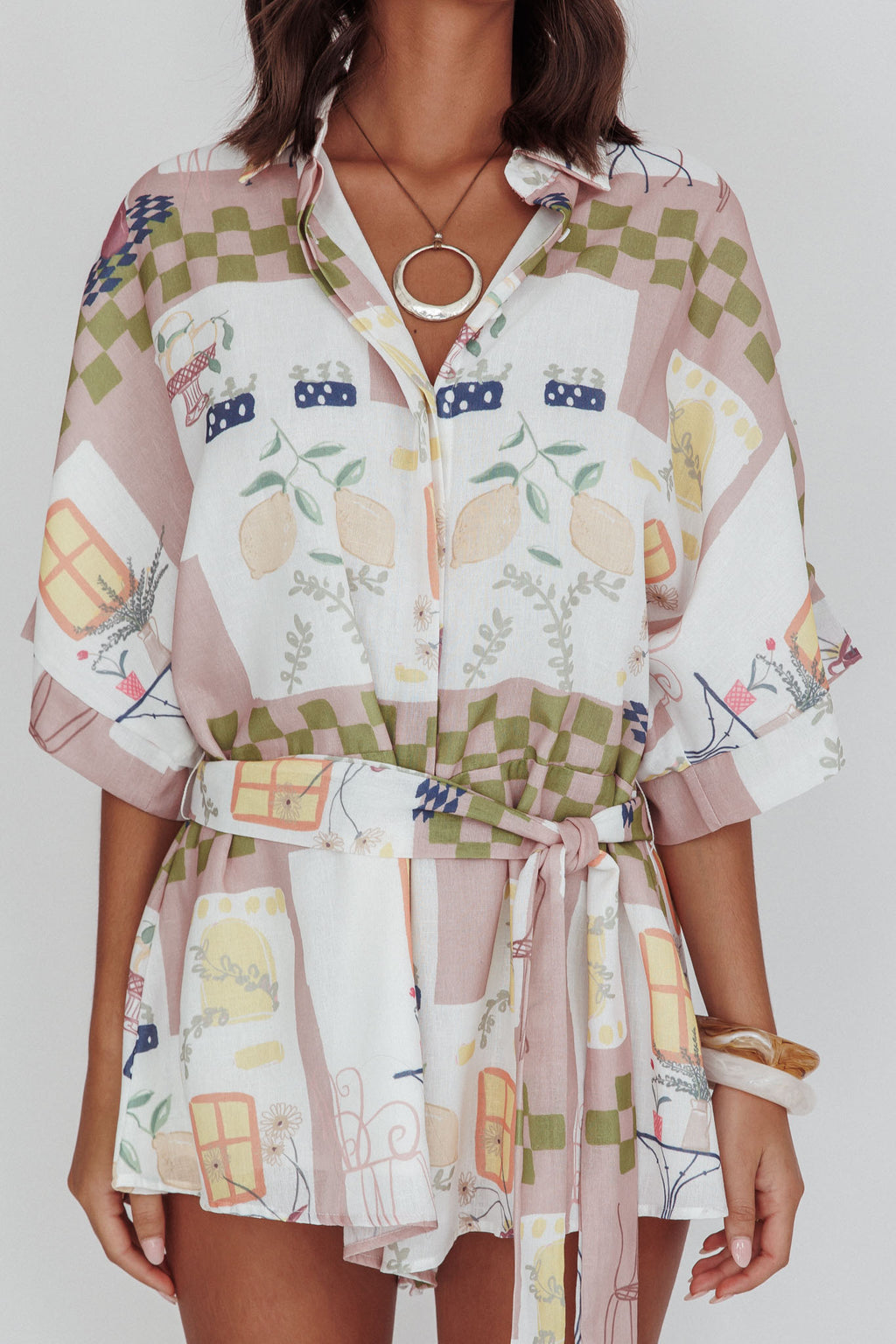 Daytona Beach Button-Up Romper Euro Print Olive by Selfie Leslie