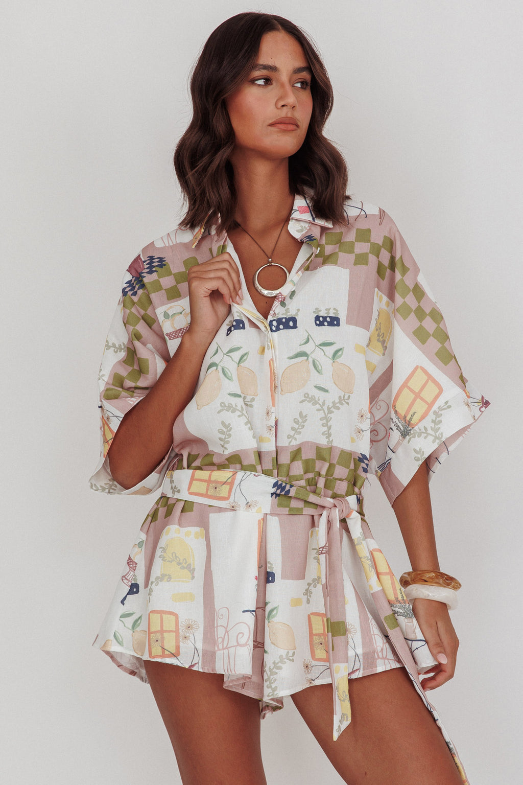 Daytona Beach Button-Up Romper Euro Print Olive by Selfie Leslie