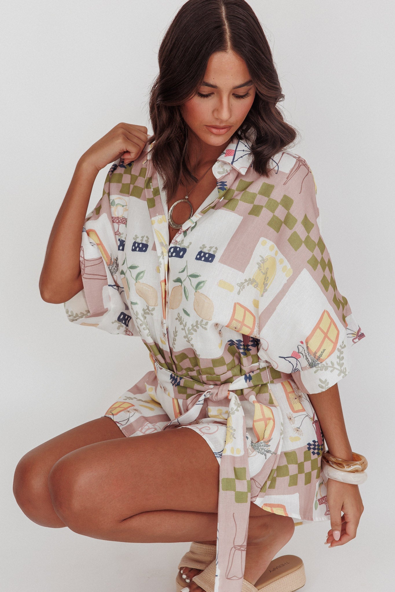 Daytona Beach Button-Up Romper Euro Print Olive by Selfie Leslie