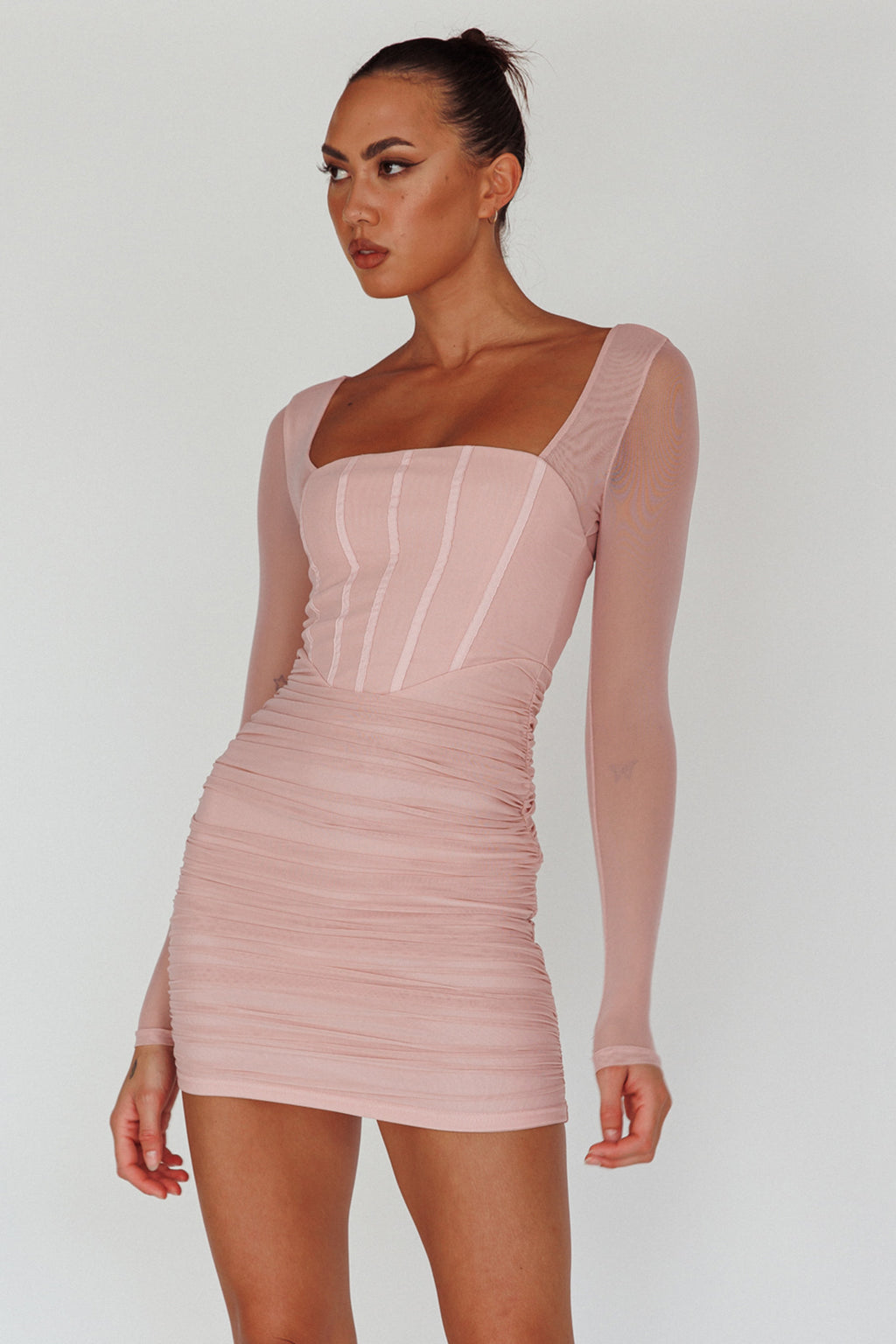 Dream Catcher Long Sleeve Ruched Mini Dress Blush by Selfie Leslie