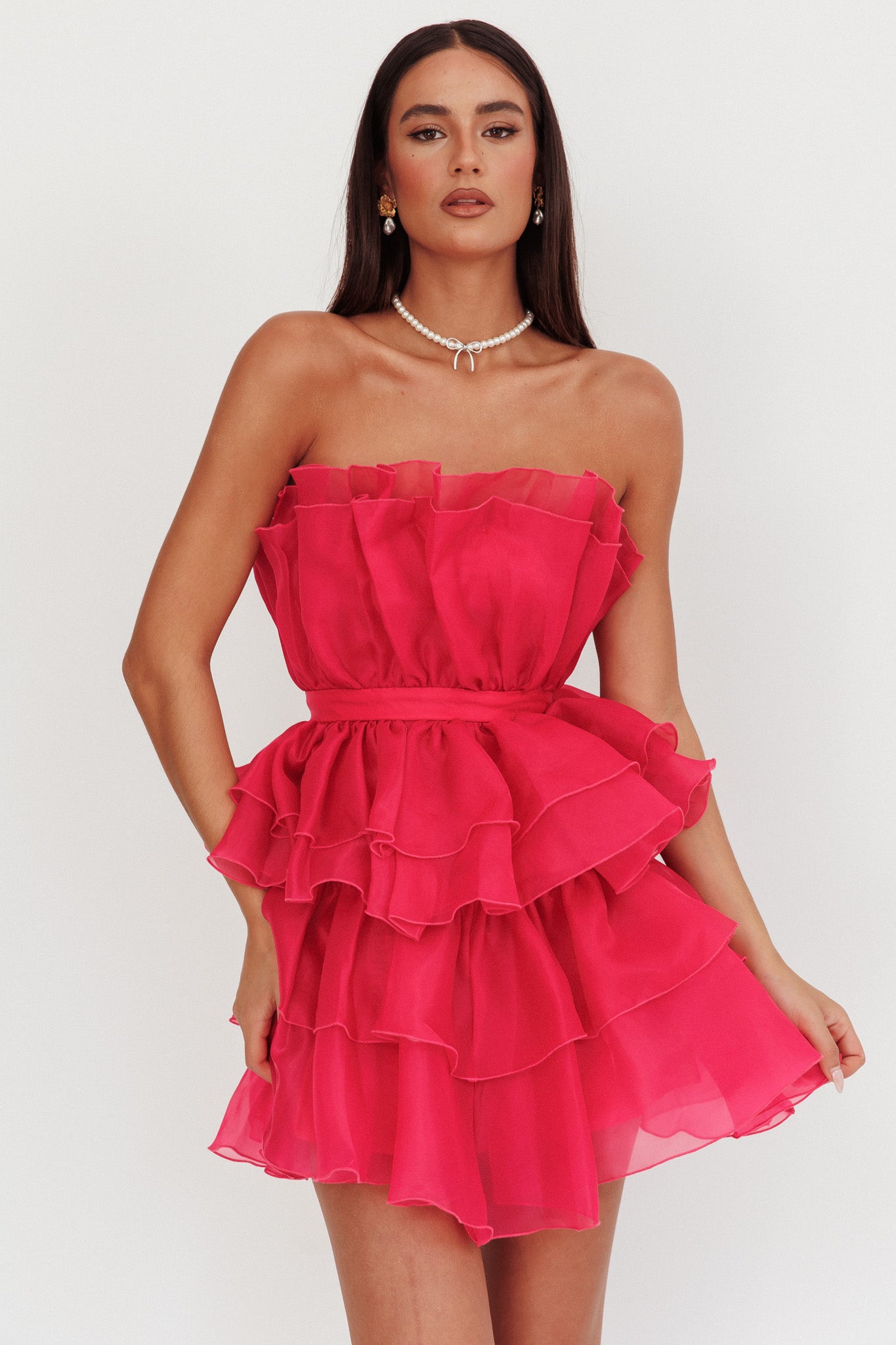 Bon Bon Tiered Chiffon Mini Dress Fuchsia | Selfie Leslie