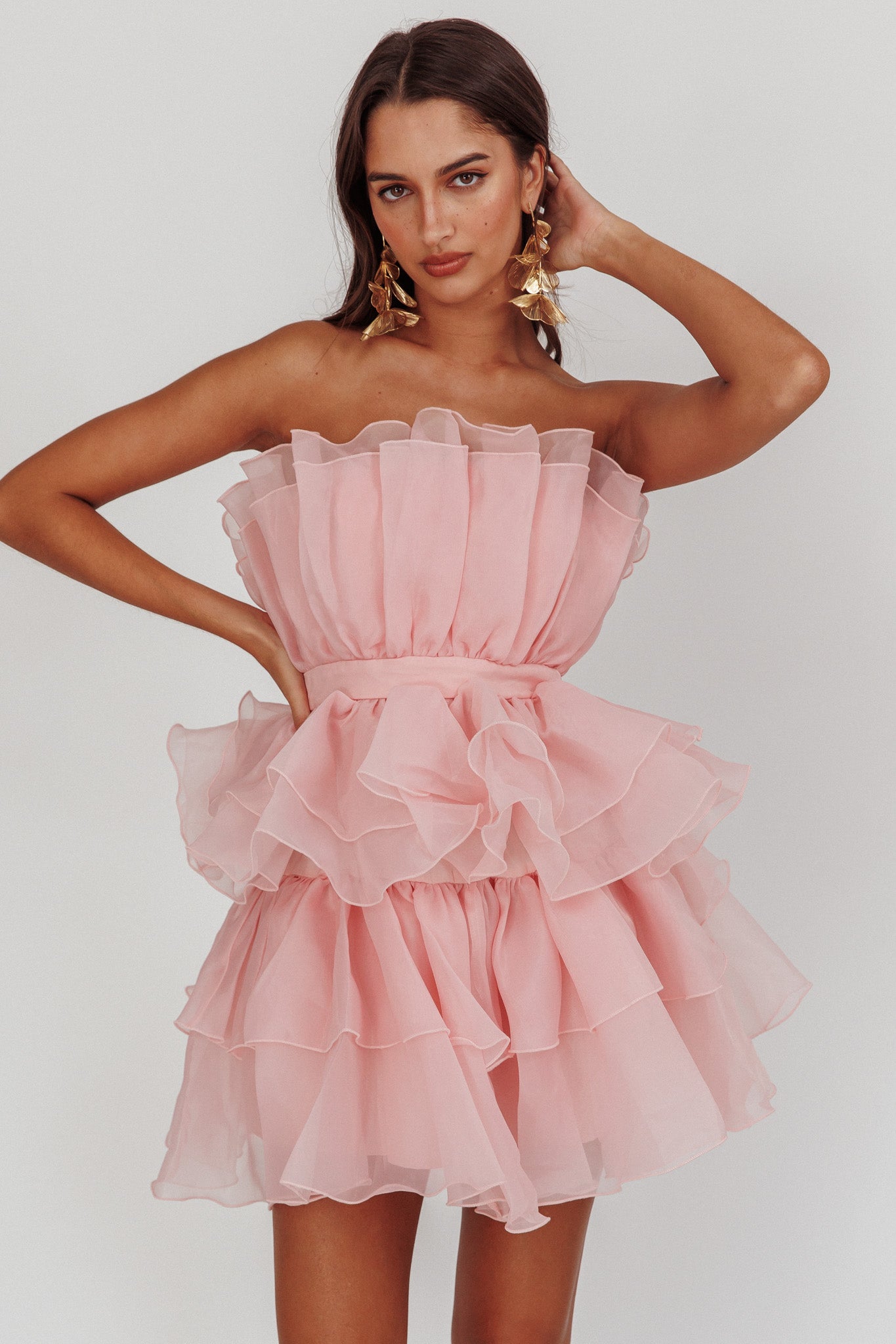 Bon Bon Tiered Chiffon Mini Dress Blush - L Bon Bon Tiered Chiffon Mini Dress Blush - L