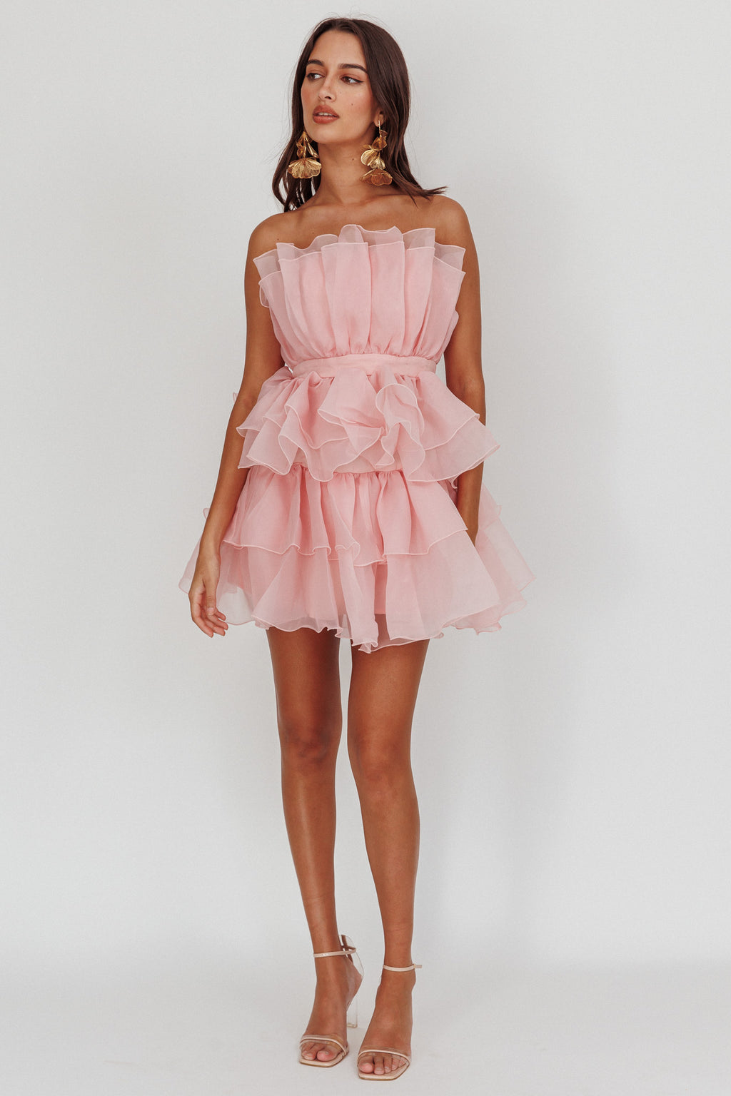 Bon Bon Tiered Chiffon Mini Dress Blush by Selfie Leslie