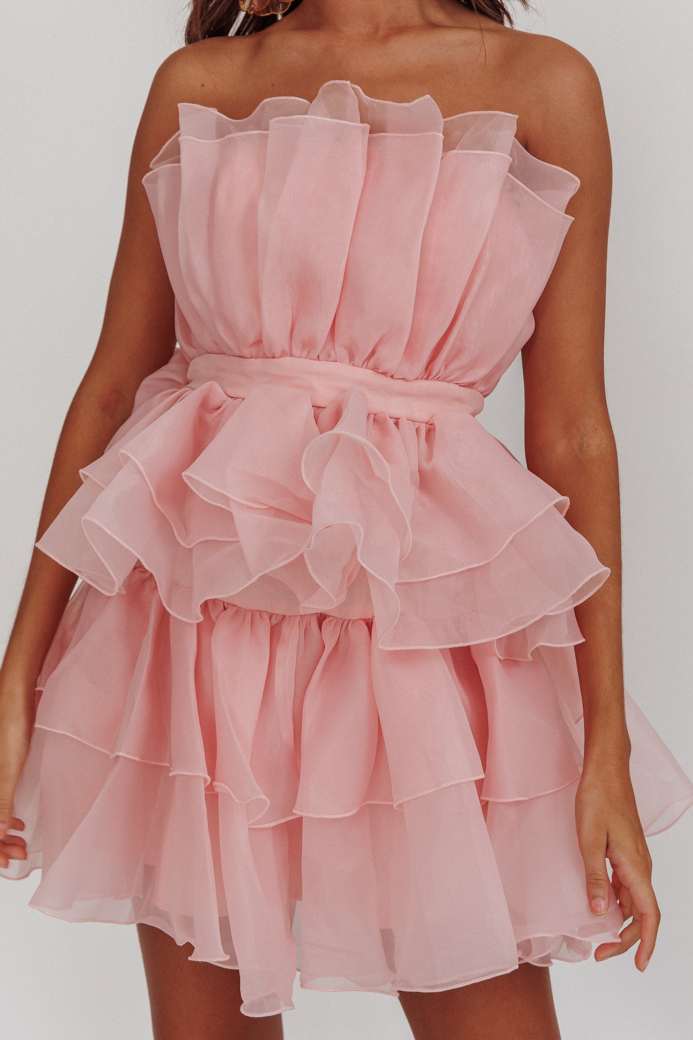 Bon Bon Tiered Chiffon Mini Dress Blush - L Bon Bon Tiered Chiffon Mini Dress Blush - L
