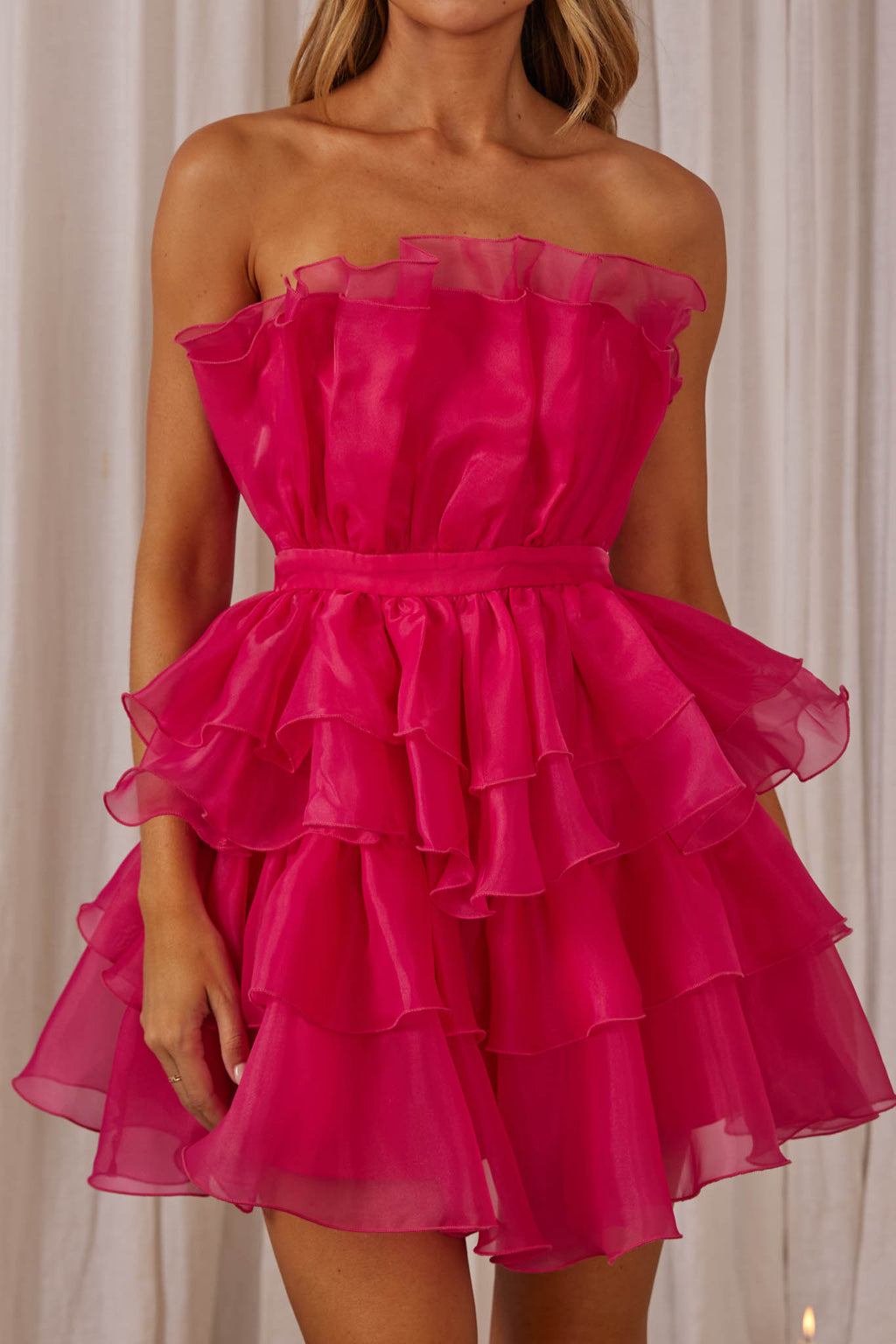 Bon Bon Tiered Chiffon Mini Dress Fuchsia by Selfie Leslie