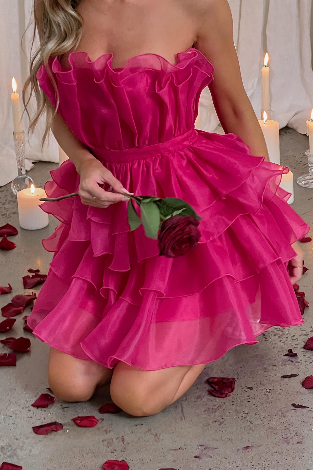 Bon Bon Tiered Chiffon Mini Dress Fuchsia by Selfie Leslie