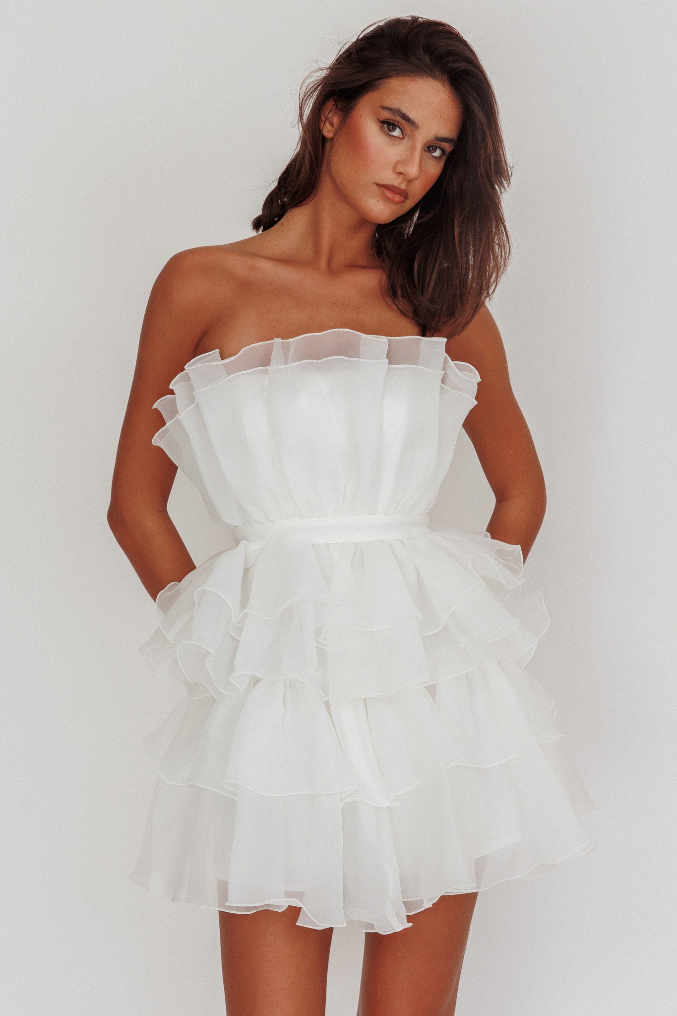 diamond organza ruffle dress in white Lucy in the Sky Diamond Organza Ruffle Dress in White Size: Small