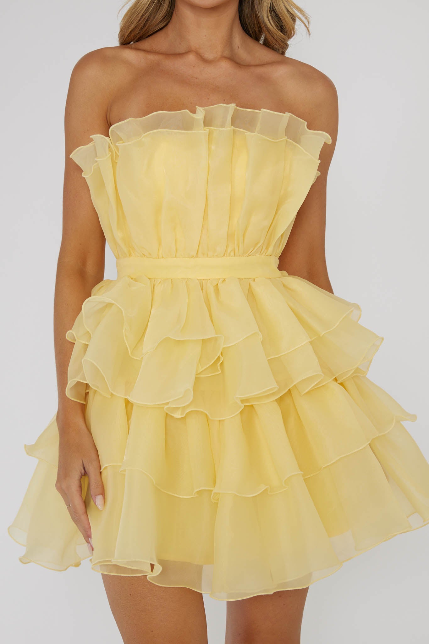 Bon Bon Tiered Chiffon Mini Dress Yellow by Selfie Leslie