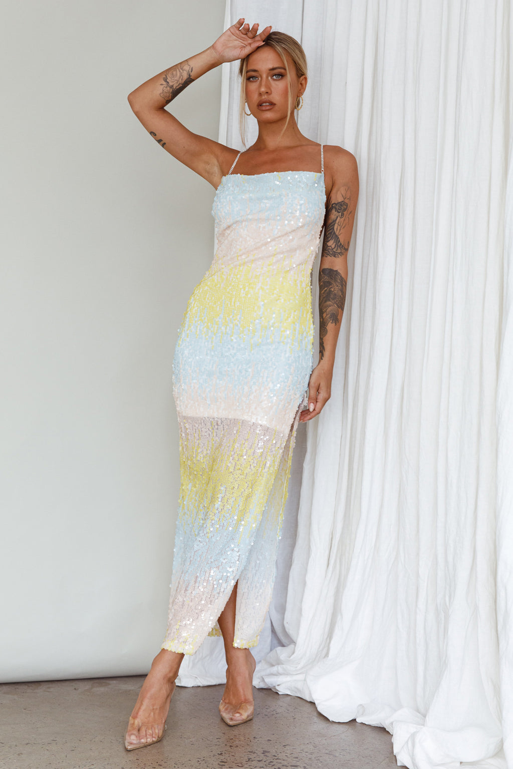 Gleaming Diamante Strap Midi Dress Sequin Lemon by Selfie Leslie