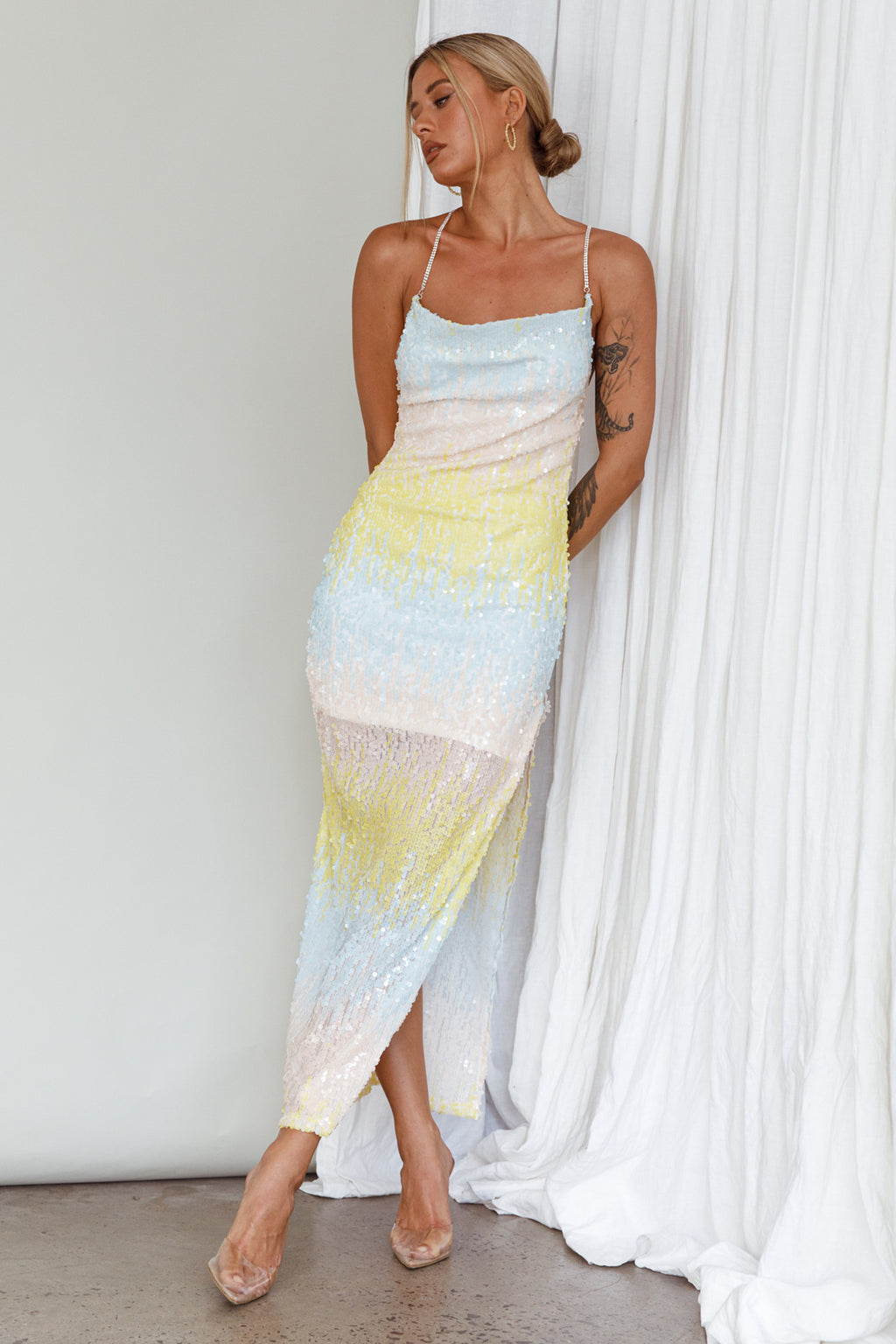 Gleaming Diamante Strap Midi Dress Sequin Lemon by Selfie Leslie