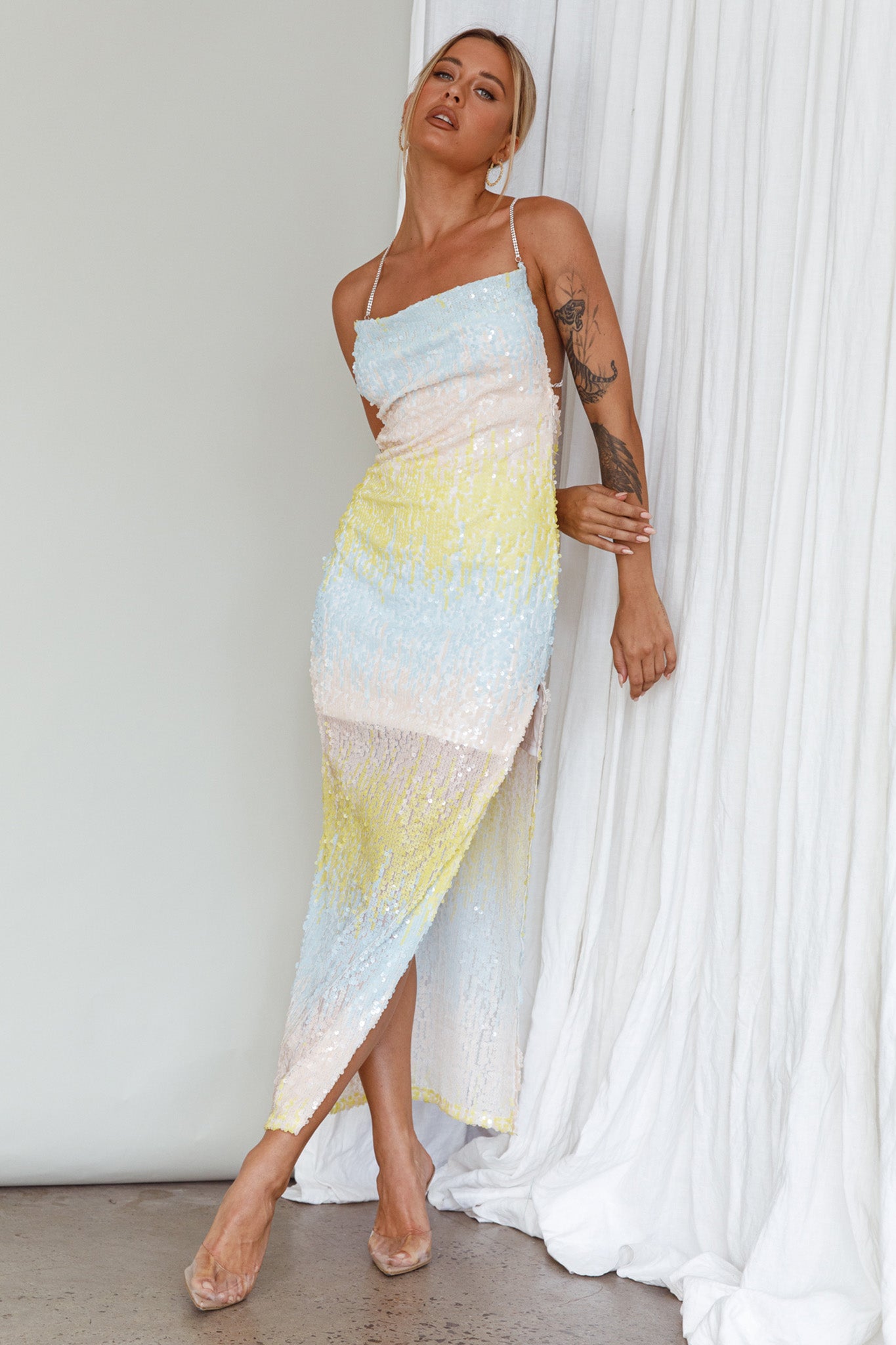 Gleaming Diamante Strap Midi Dress Sequin Lemon by Selfie Leslie