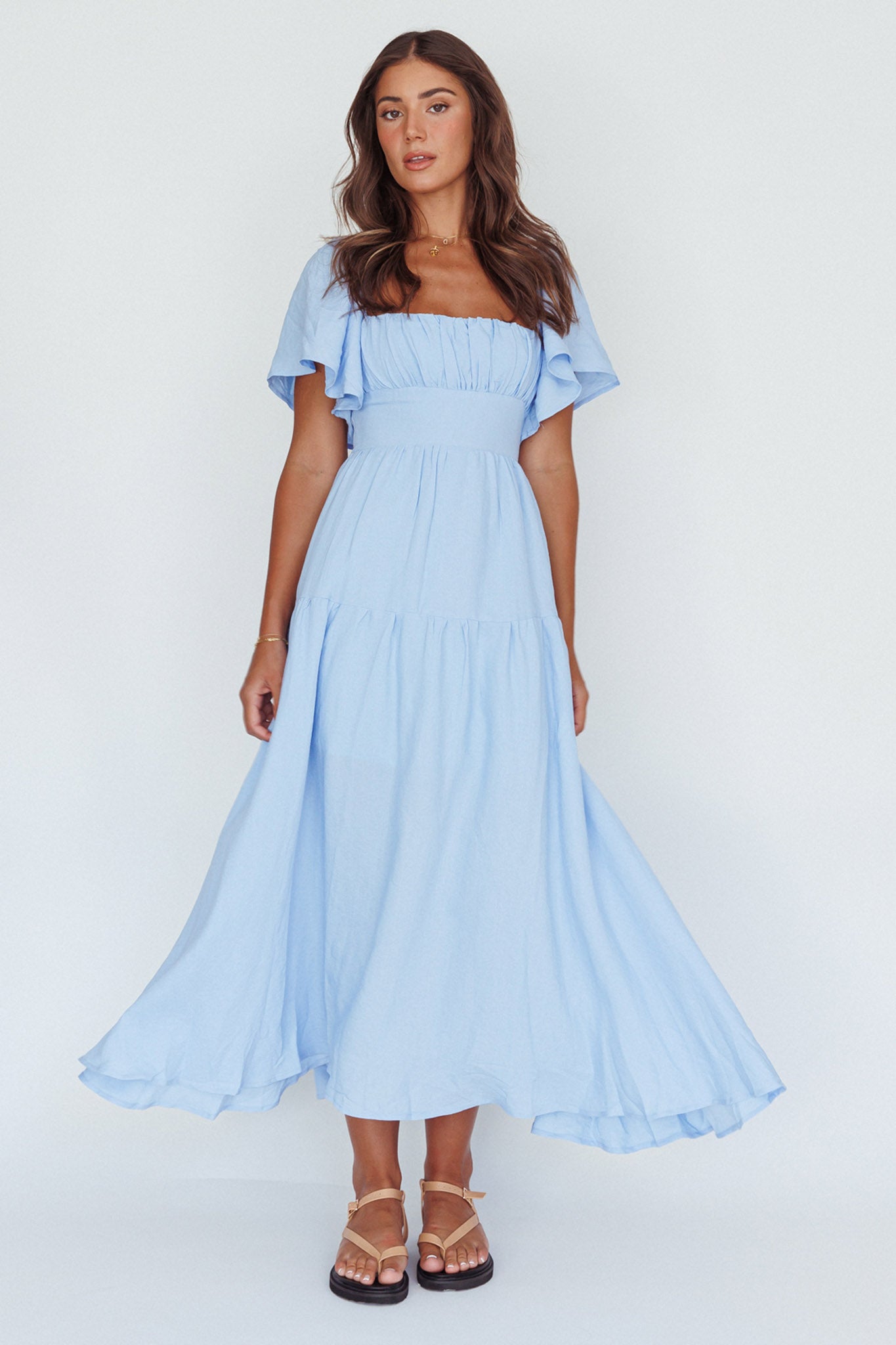 Lula Gathered Bust Midi Dress Blue Lula Gathered Bust Midi Dress Blue