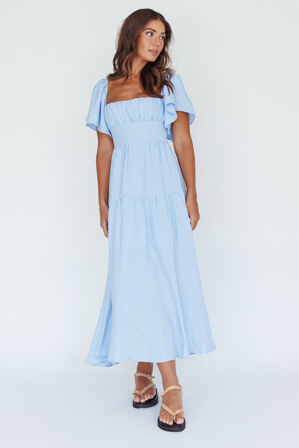 Lula Gathered Bust Midi Dress Blue by Selfie Leslie