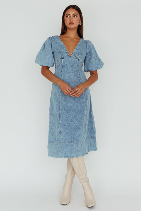 Elias Puff Sleeve Midi Dress Denim– Selfie Leslie