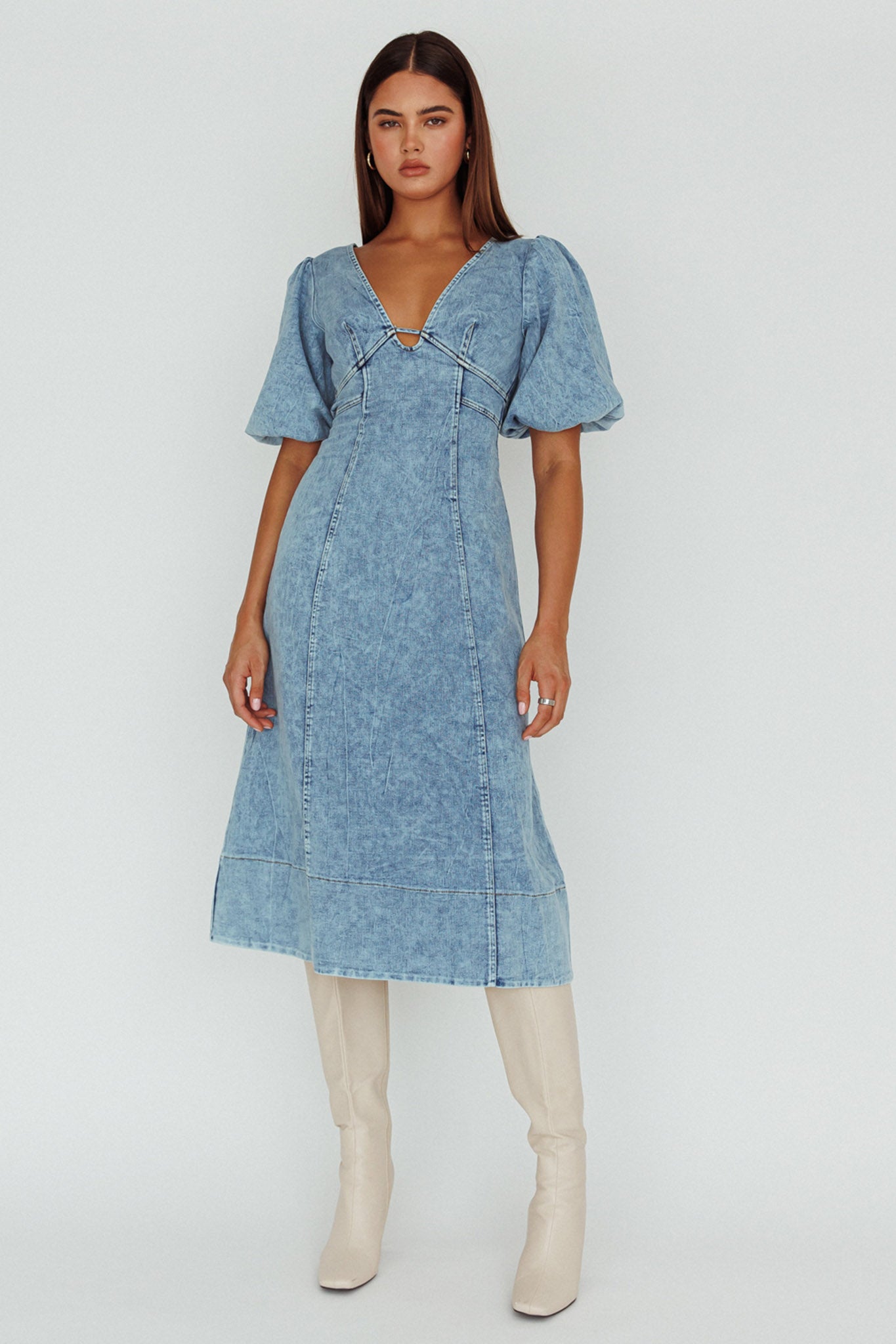 Elias Puff Sleeve Midi Dress Denim by Selfie Leslie