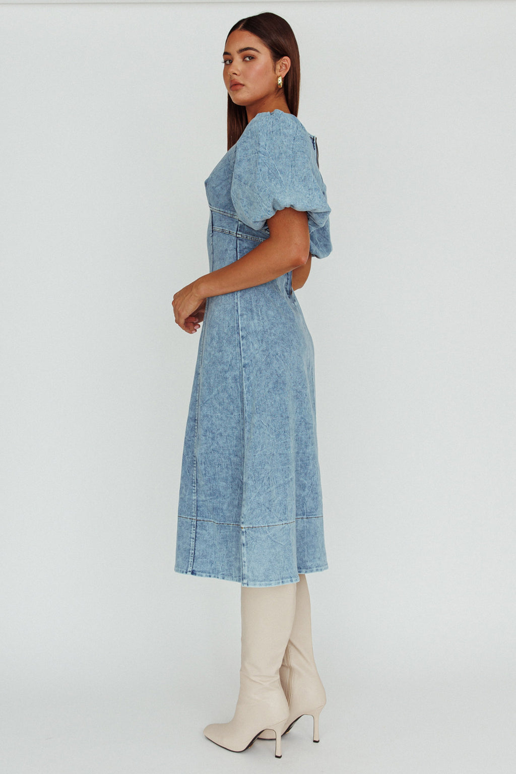 Elias Puff Sleeve Midi Dress Denim by Selfie Leslie