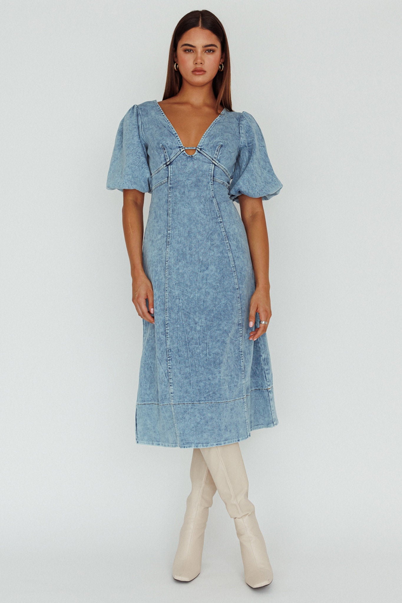 Elias Puff Sleeve Midi Dress Denim by Selfie Leslie