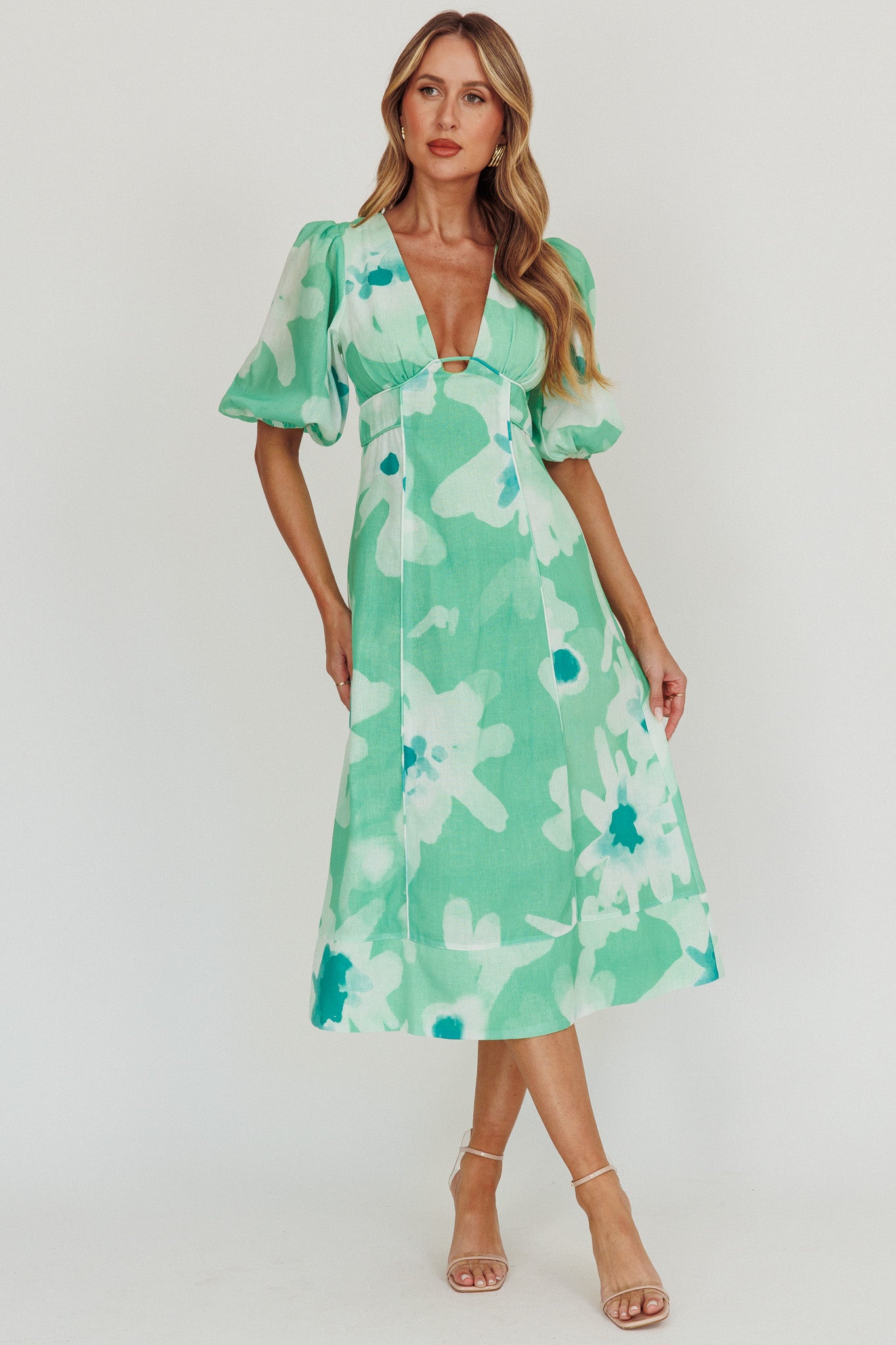 Elias Puff Sleeve Midi Dress Green by Selfie Leslie