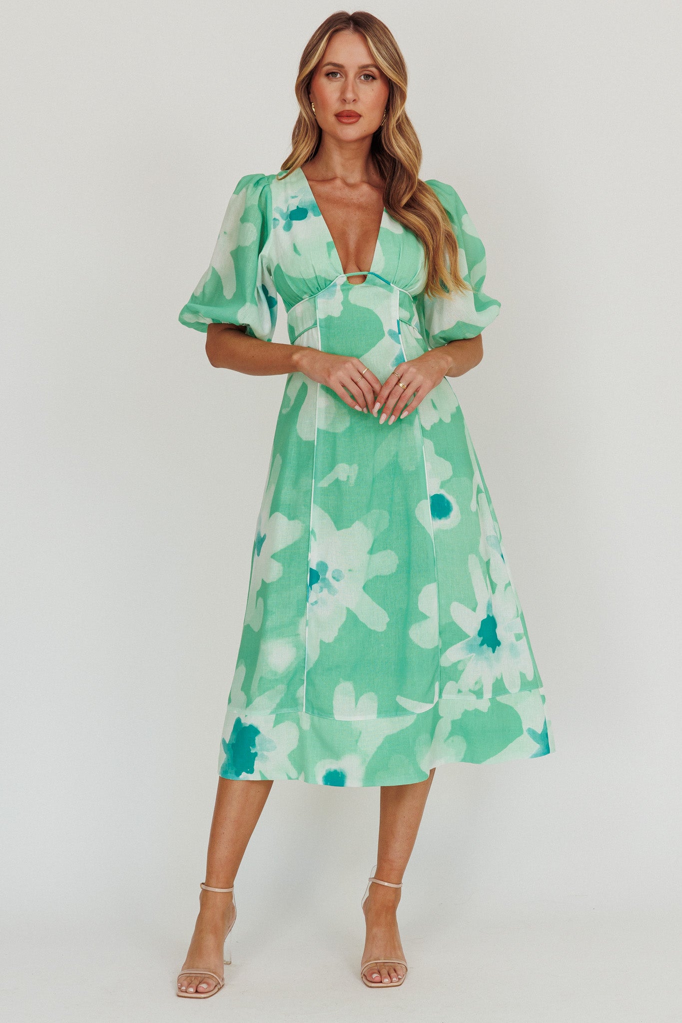 Elias Puff Sleeve Midi Dress Green by Selfie Leslie