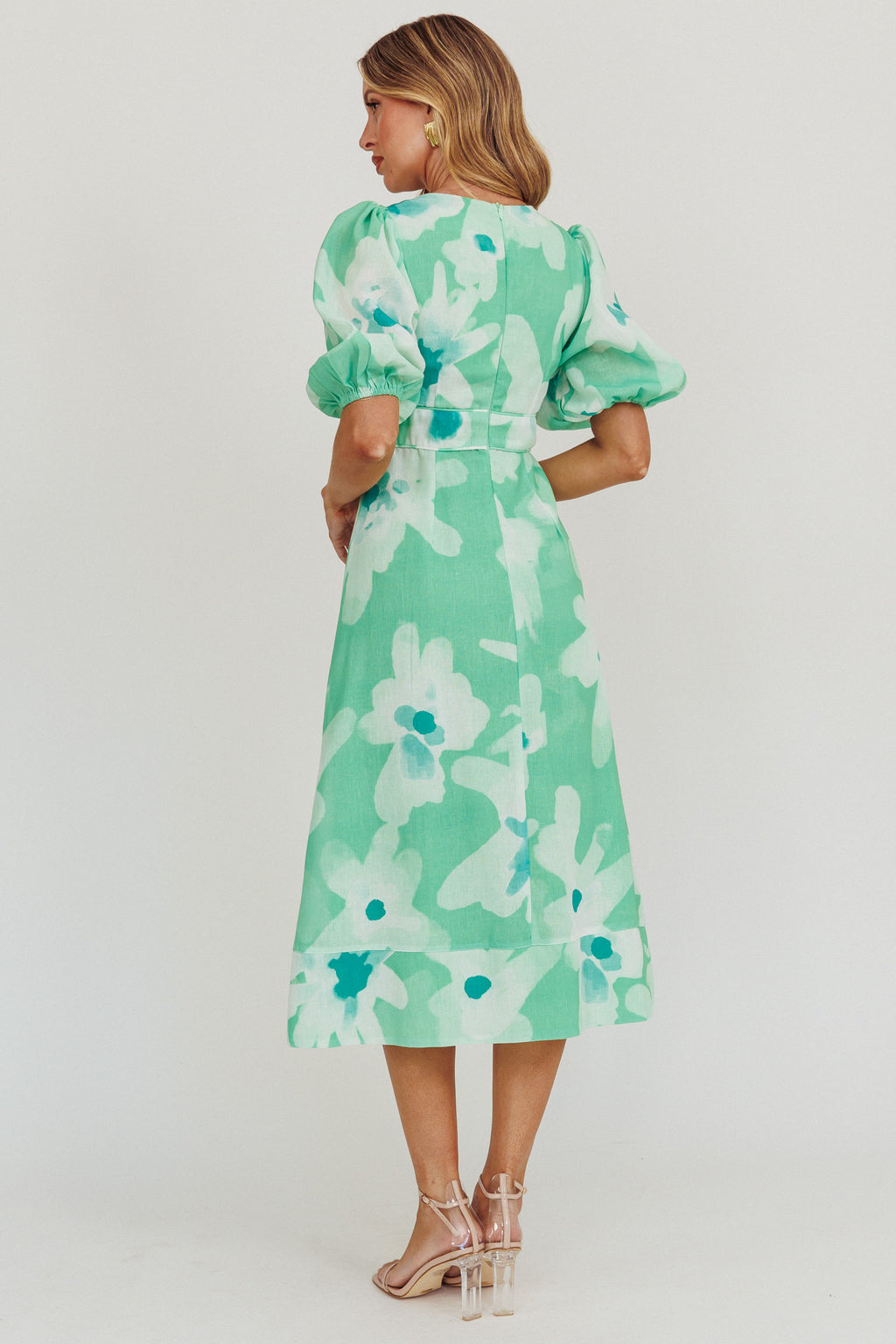 Elias Puff Sleeve Midi Dress Green by Selfie Leslie