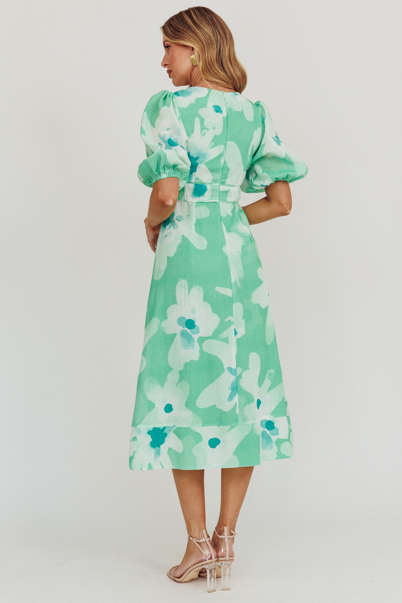 Elias Puff Sleeve Midi Dress Green by Selfie Leslie