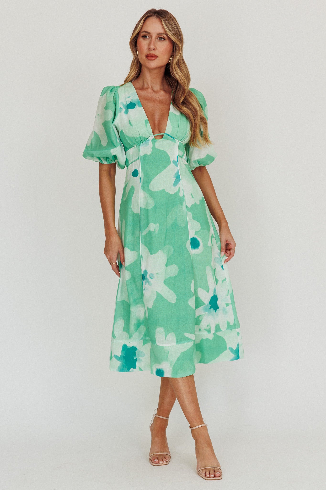 Elias Puff Sleeve Midi Dress Green by Selfie Leslie