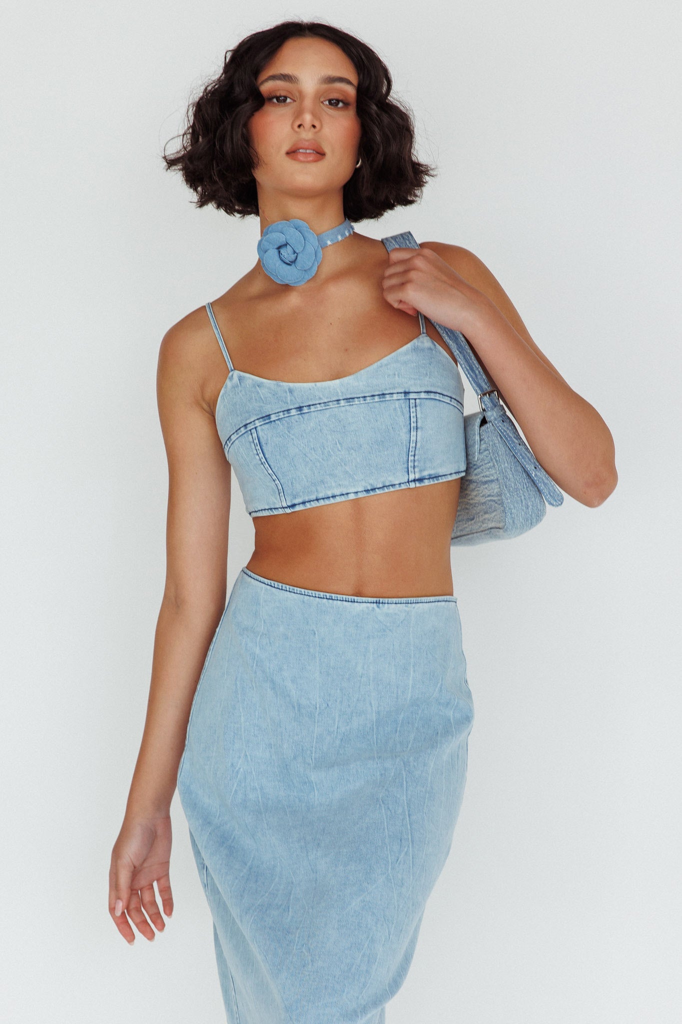 The Moment Cami Strap Crop Top Denim by Selfie Leslie