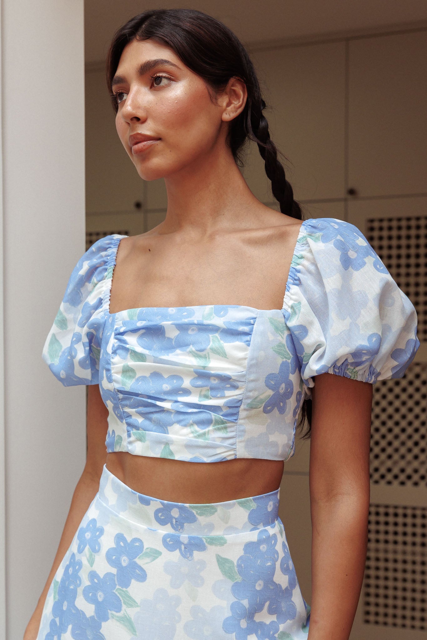 The Moment Puff Sleeve Crop Top Floral Blue | Selfie Leslie