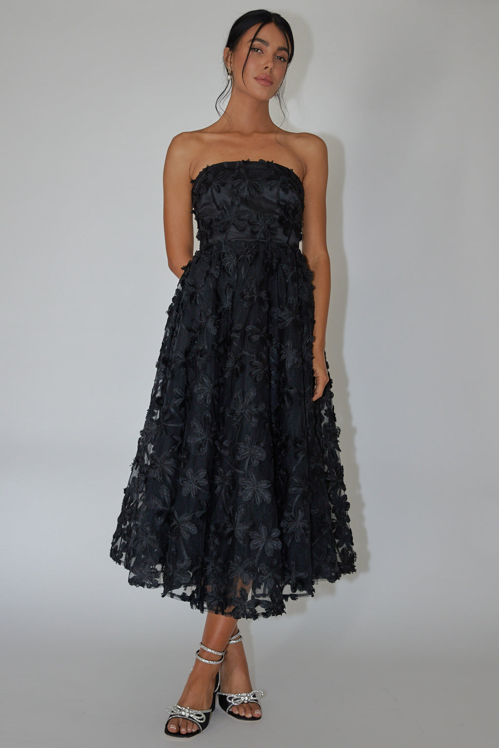 Dori Floral Embellished Midi Dress Black by Selfie Leslie