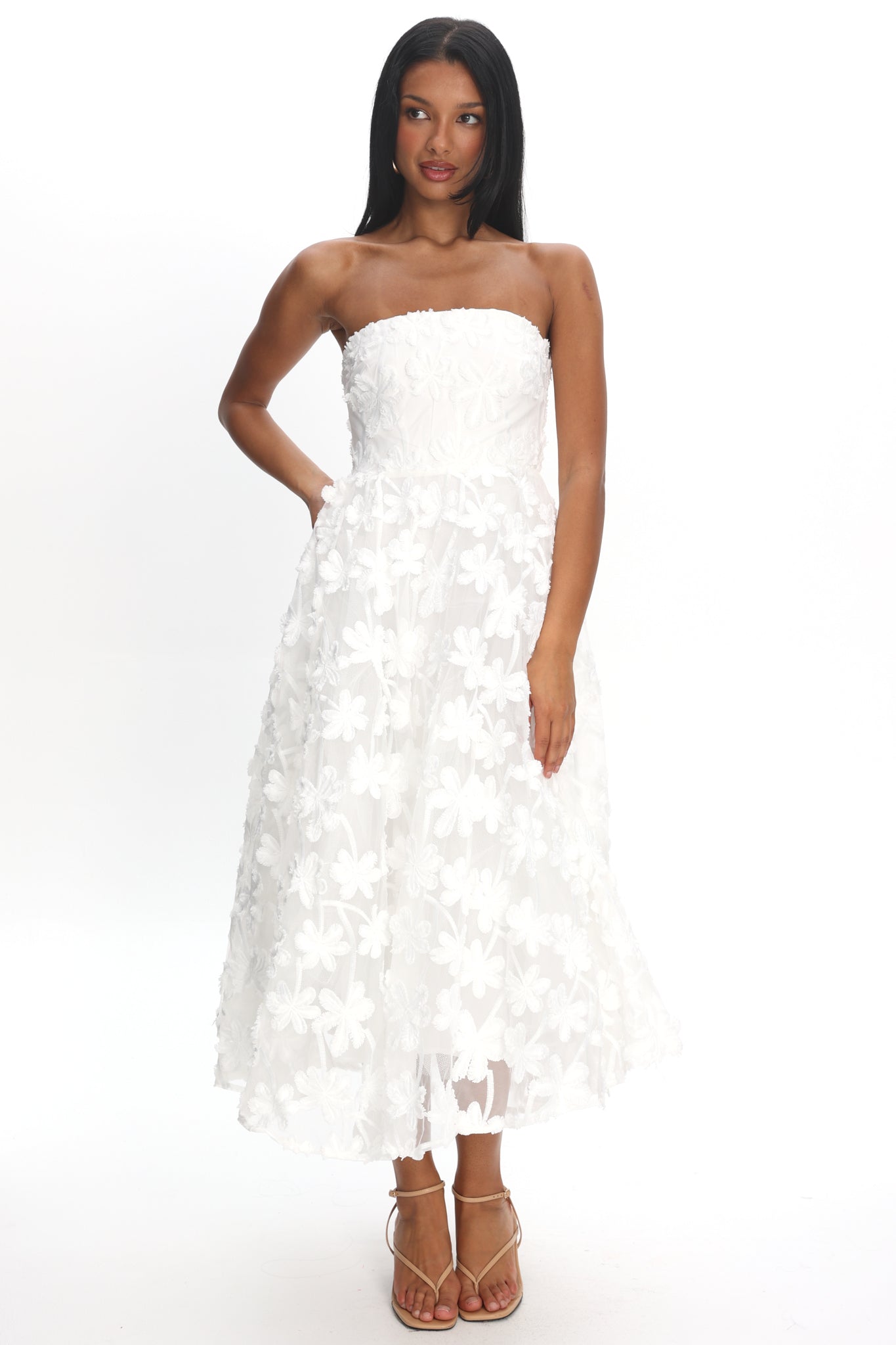 Dori Floral Embellished Midi Dress White