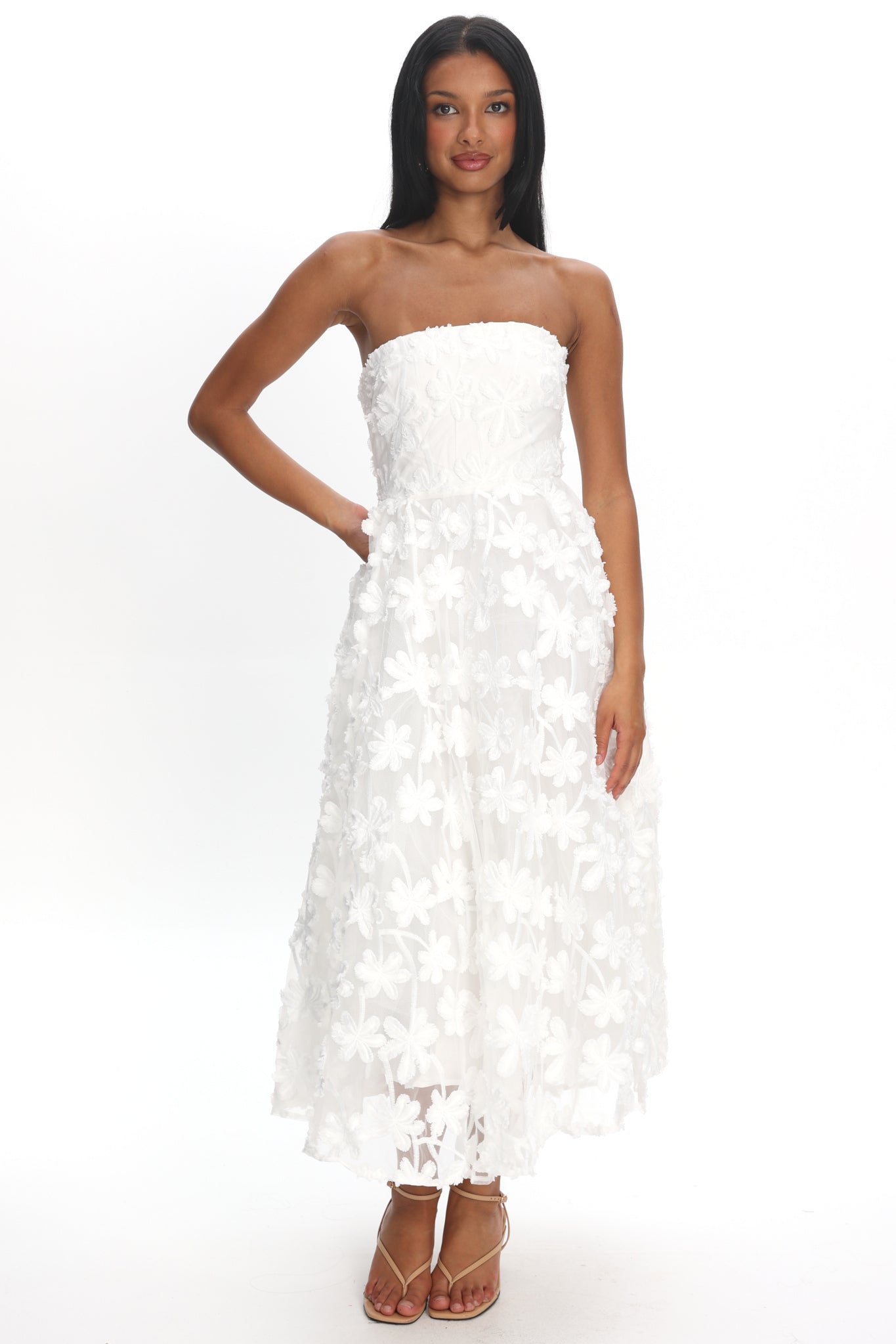 Dori Floral Embellished Midi Dress White