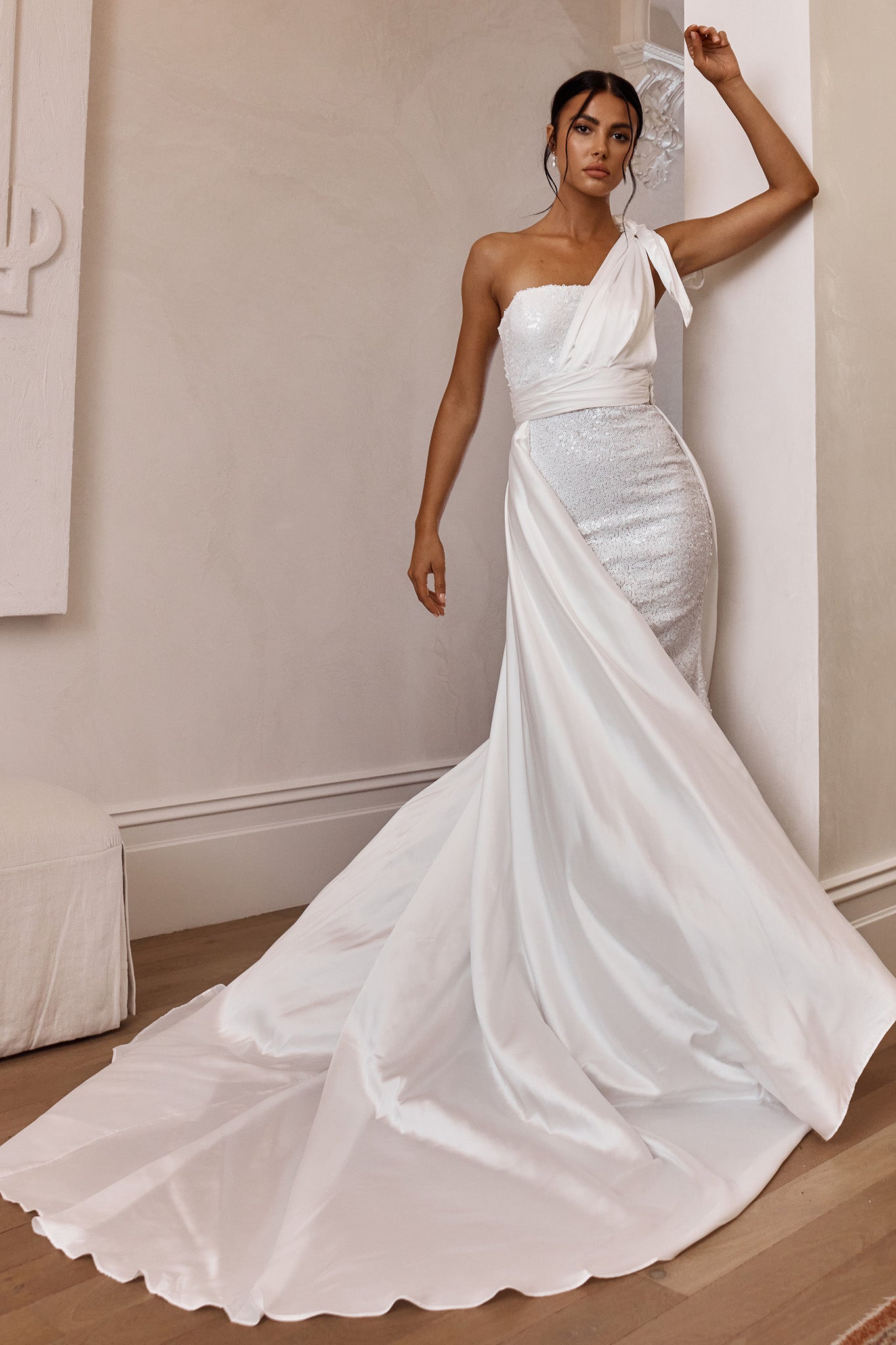 two piece long dresses white Long Sleeve Flower Detail Two Piece Maxi Dress White