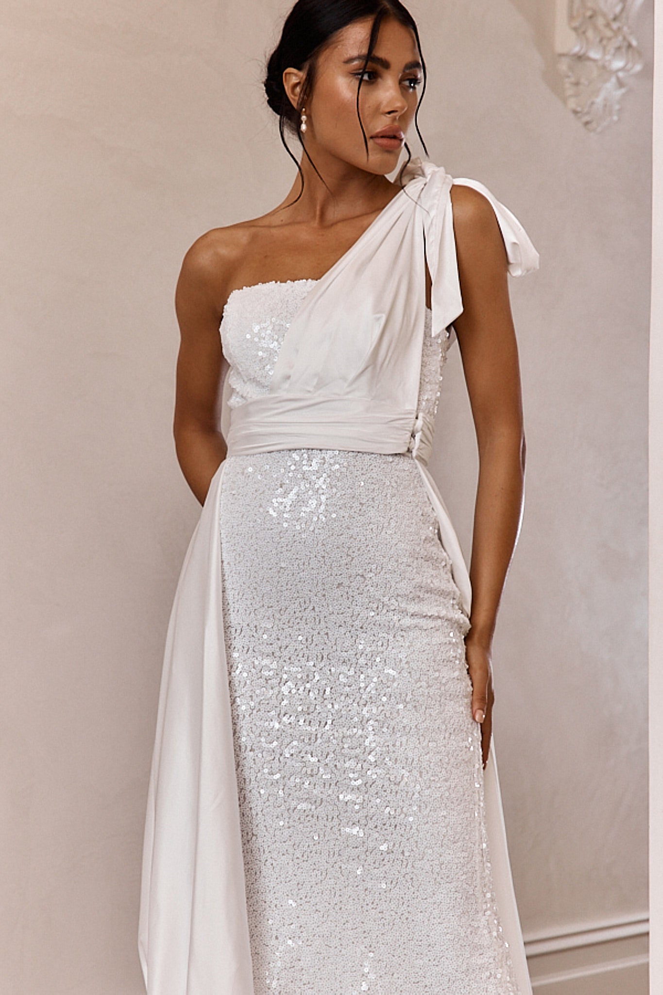 Francene Two Piece Sequin Maxi Dress White by Selfie Leslie