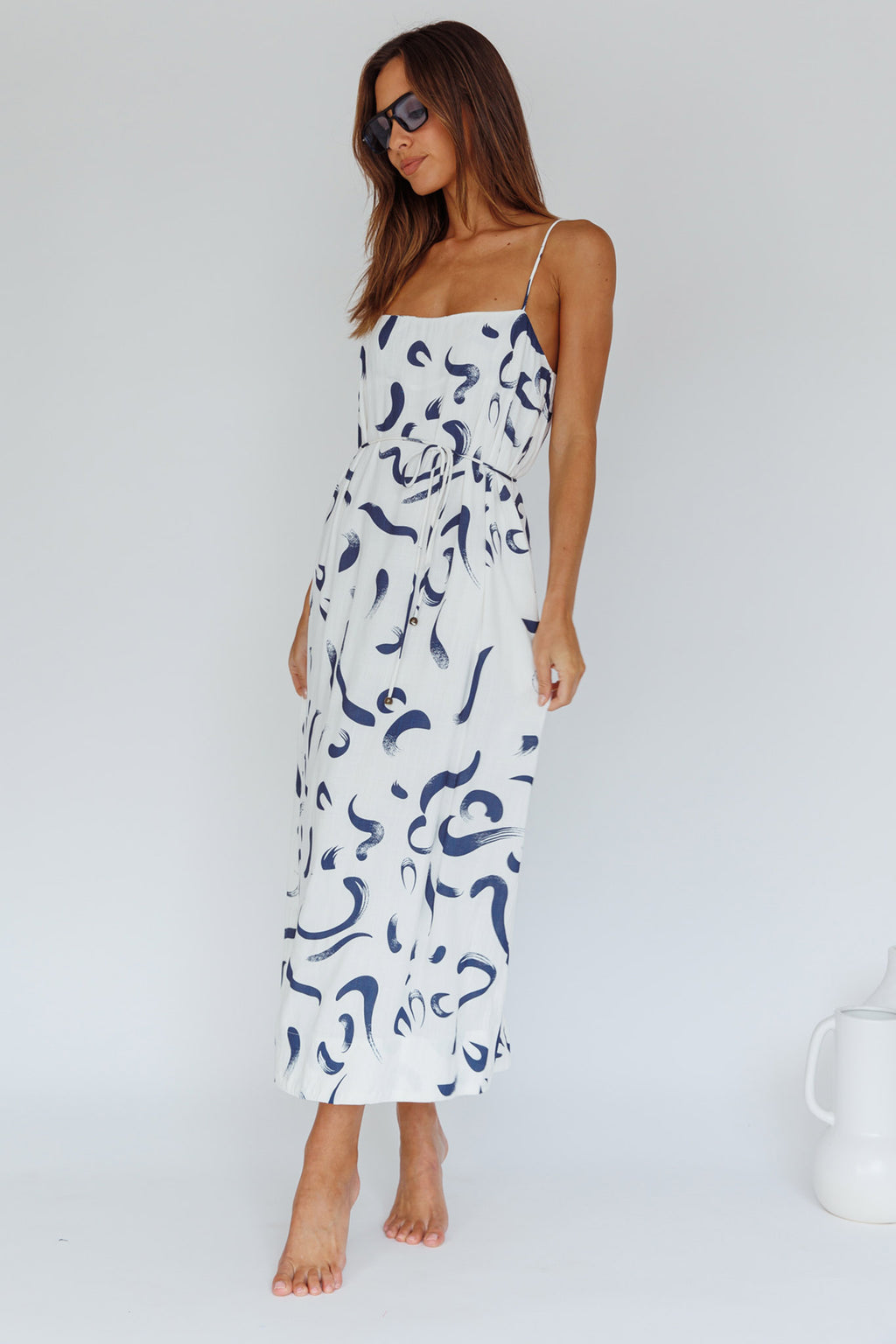Rossy Waist Tie Midi Dress Printed Navy by Selfie Leslie